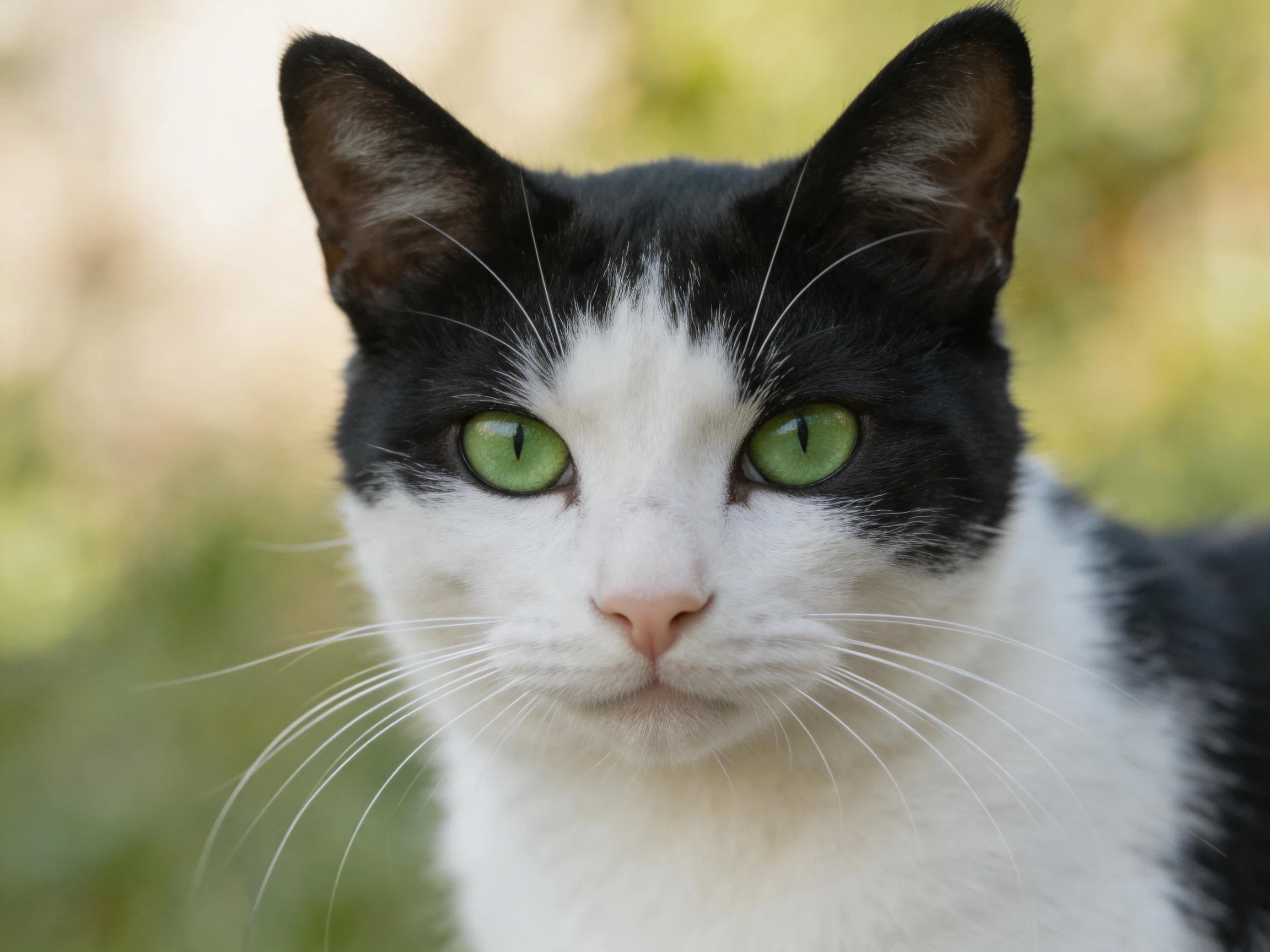 A black-and-white cat with vivid green eyes in a blurred natural setting