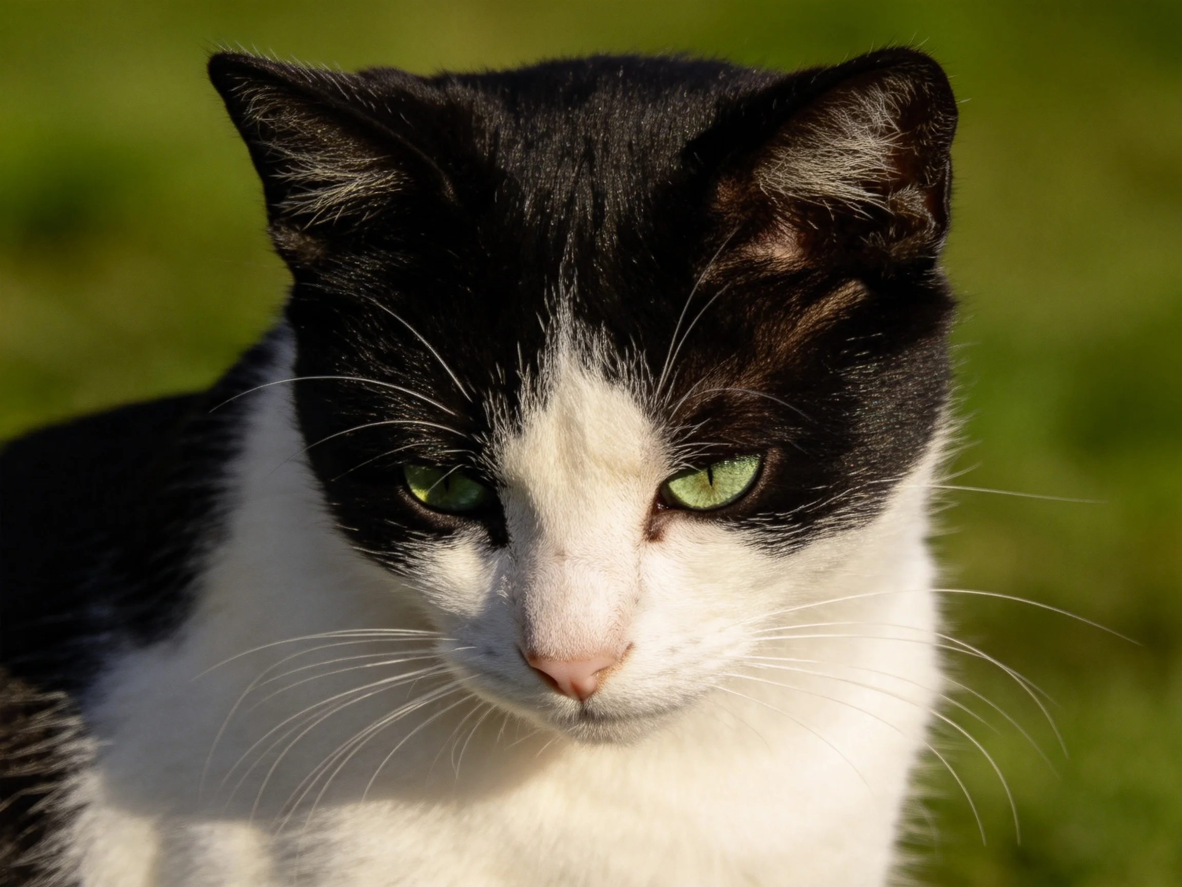 A black and white cat with green eyes is photographed in a close-up.