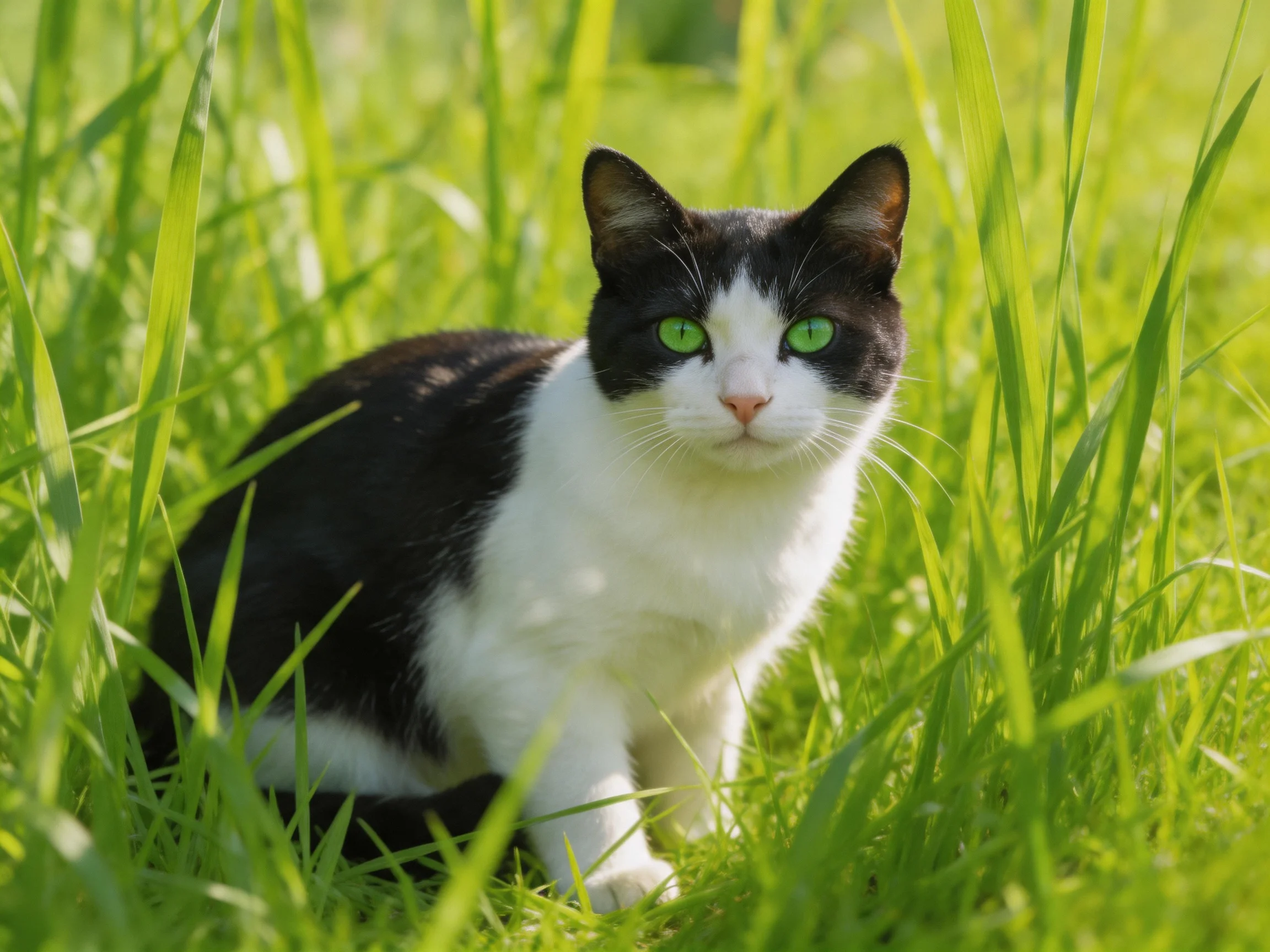 A black-and-white cat with green eyes is nestled in tall green grass.