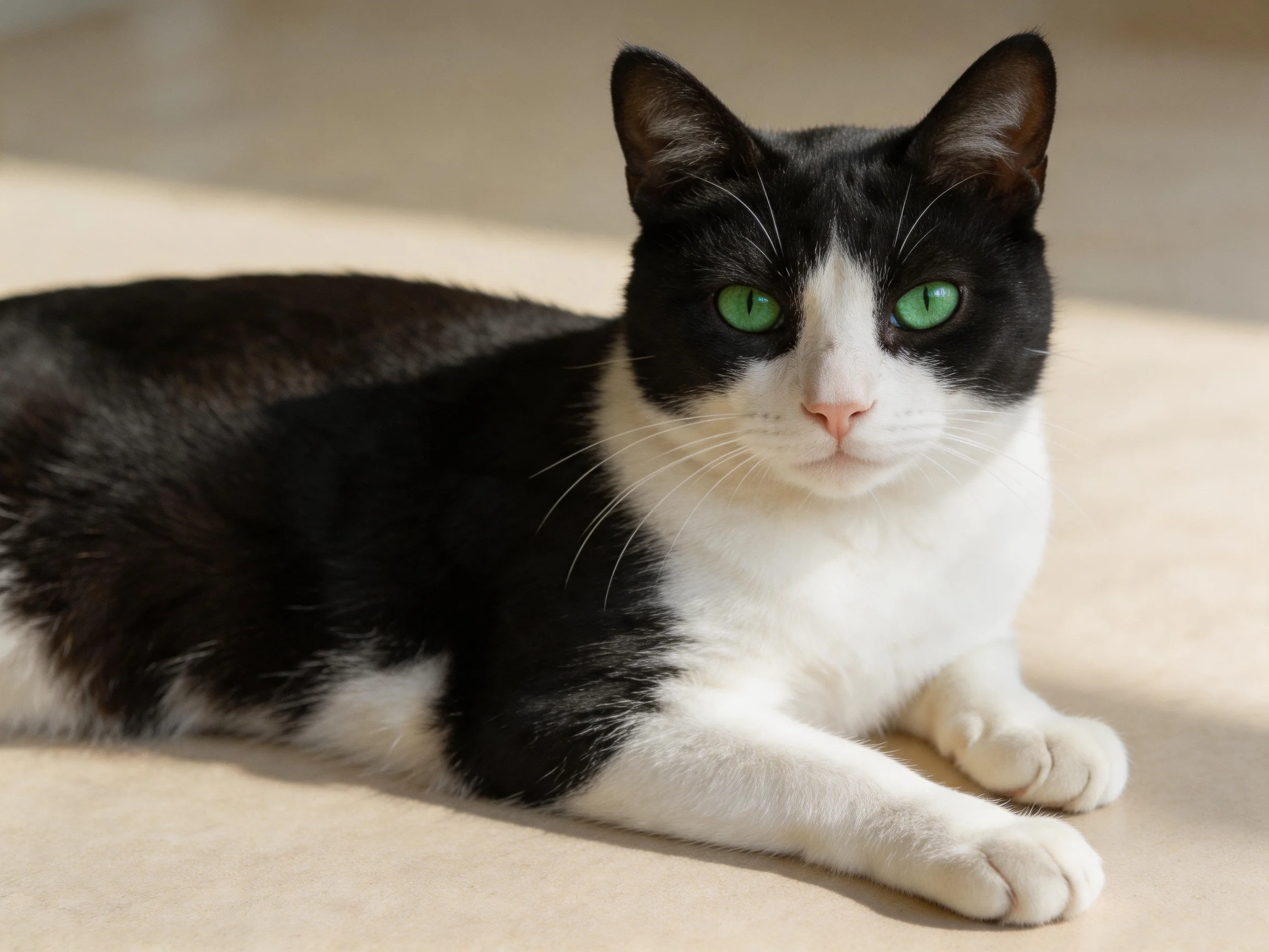 A black-and-white cat with green eyes lies quietly on a light-colored surface.
