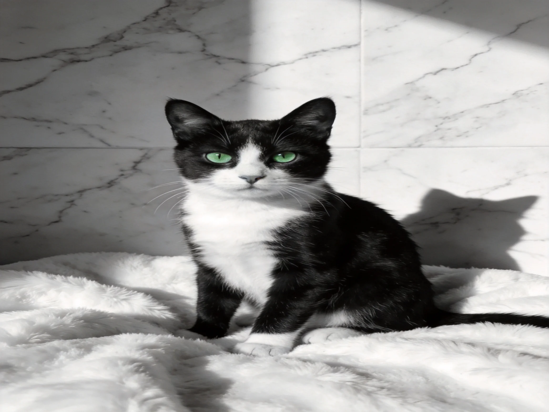 A black-and-white cat with green eyes relaxes on a soft blanket near marble walls.