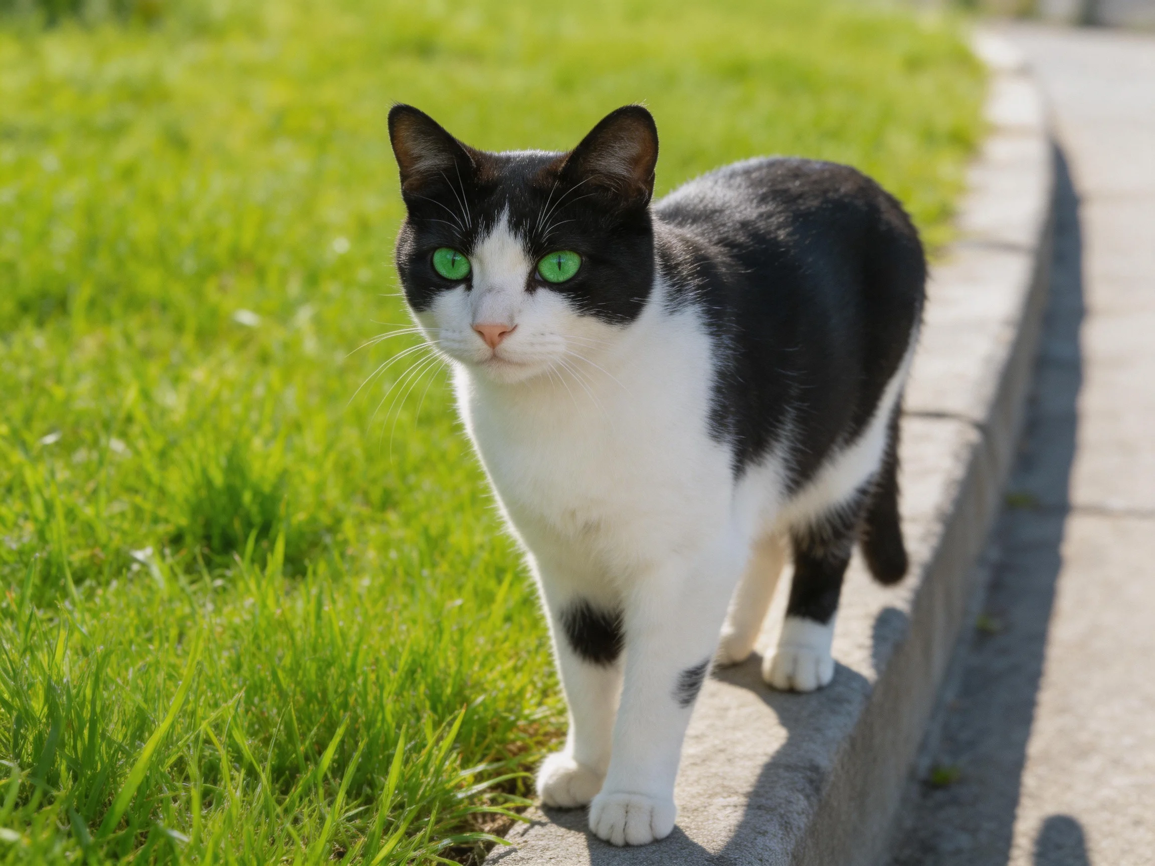 A black-and-white cat with green eyes walks along a curb beside lush grass.