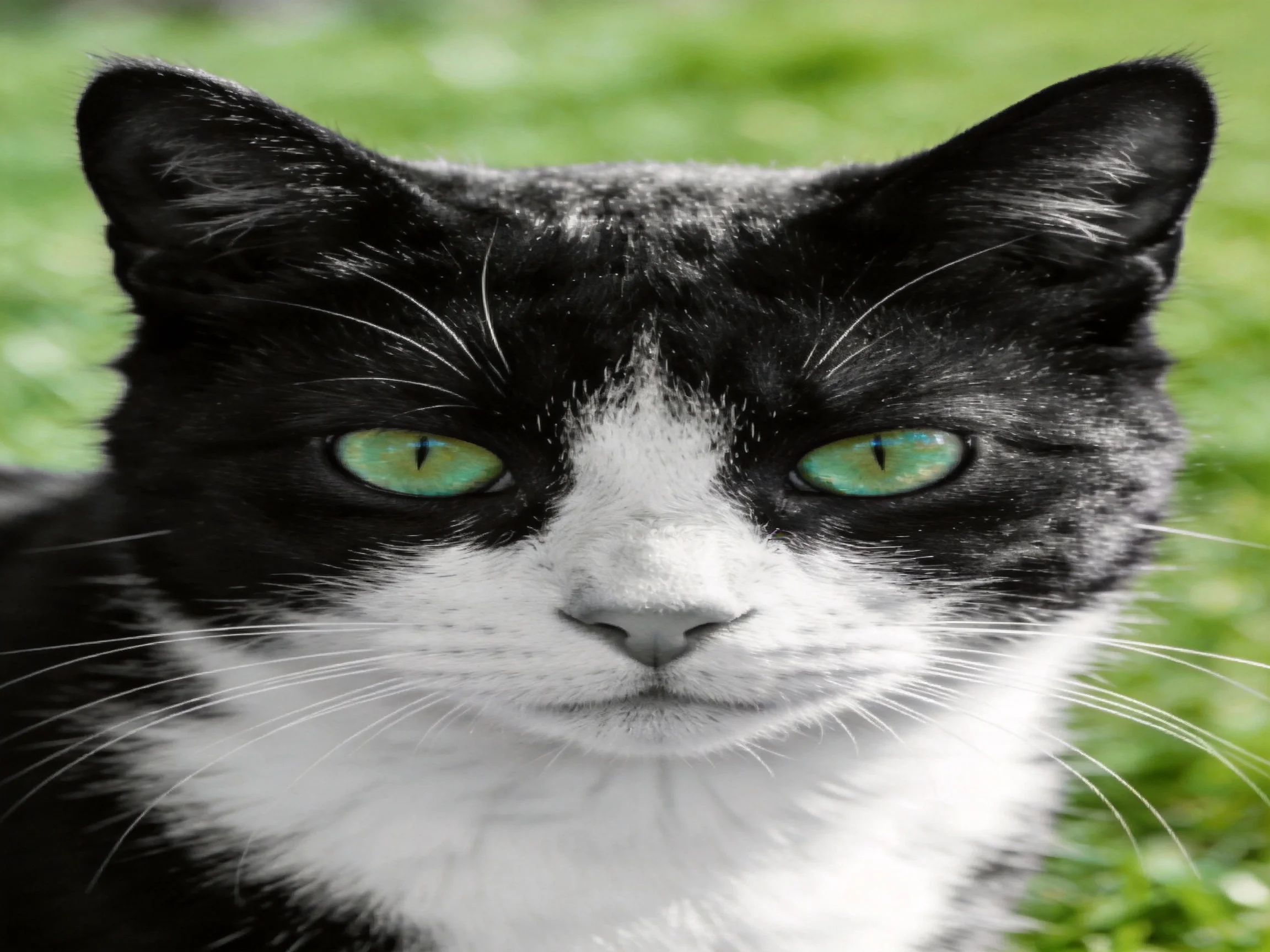 A black-and-white cat with turquoise eyes is positioned outdoors near greenery.
