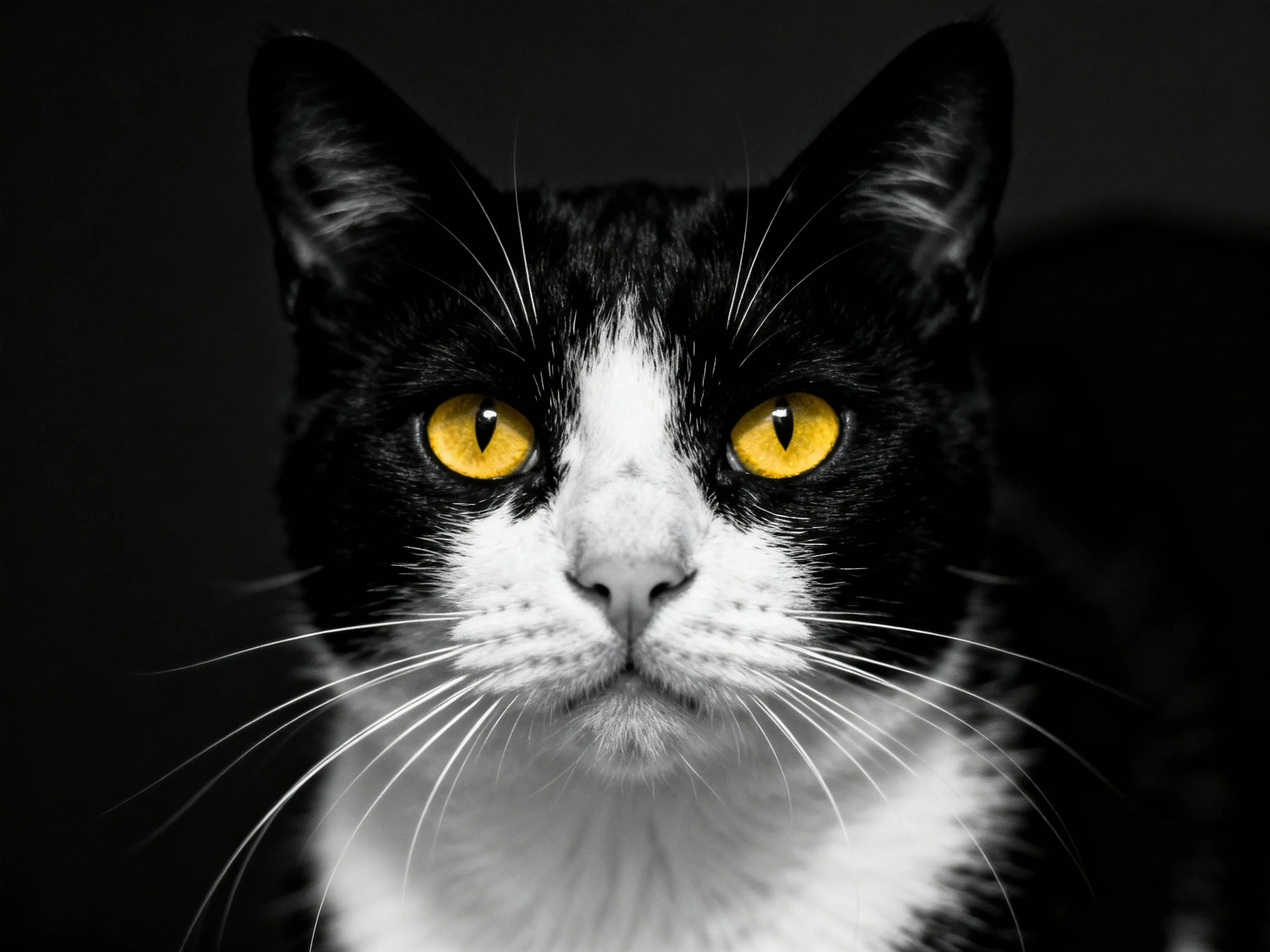 A black and white cat with vivid yellow eyes against a dark backdrop