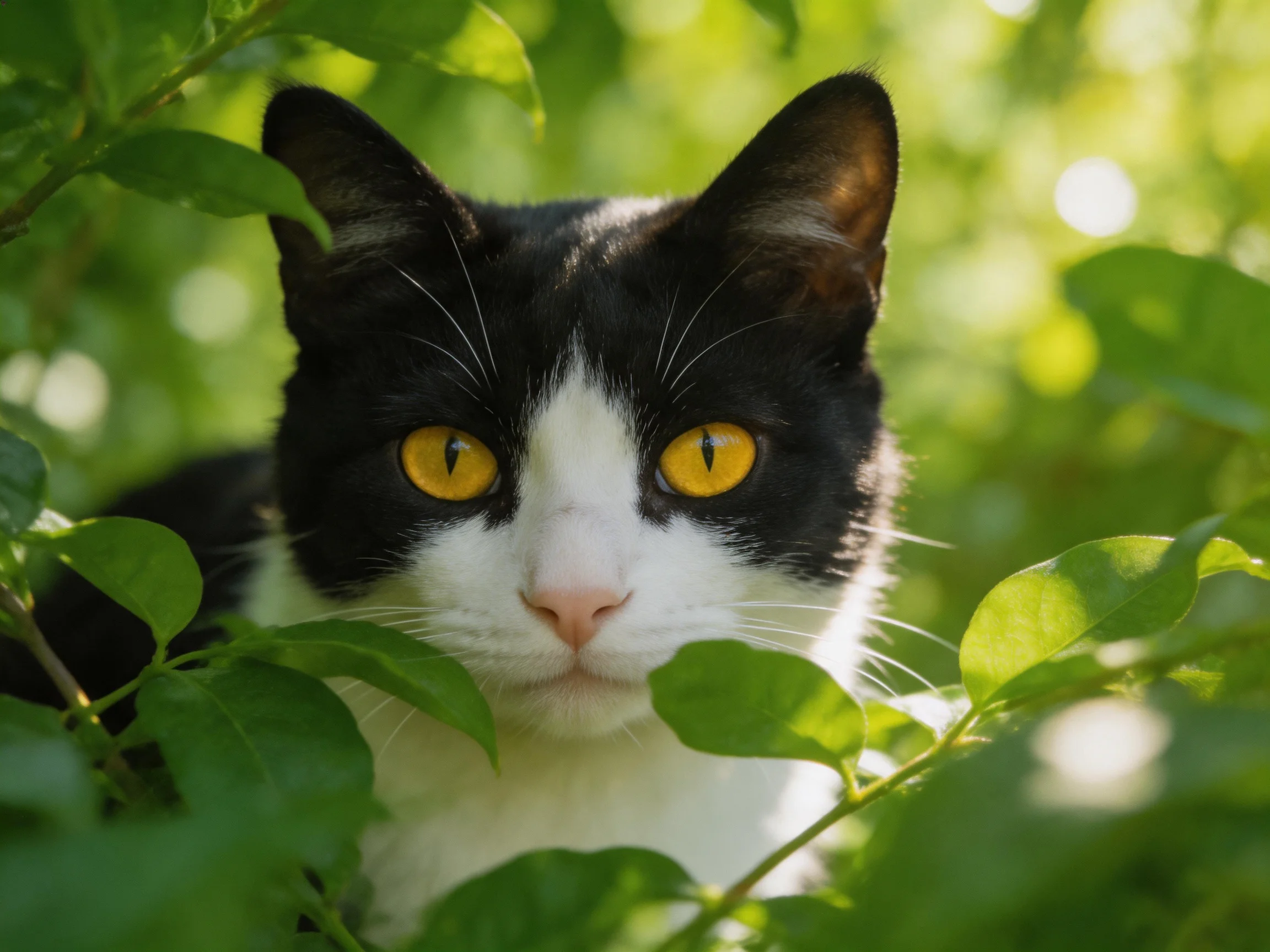 A black-and-white cat with bright yellow eyes is partially hidden by green leaves.