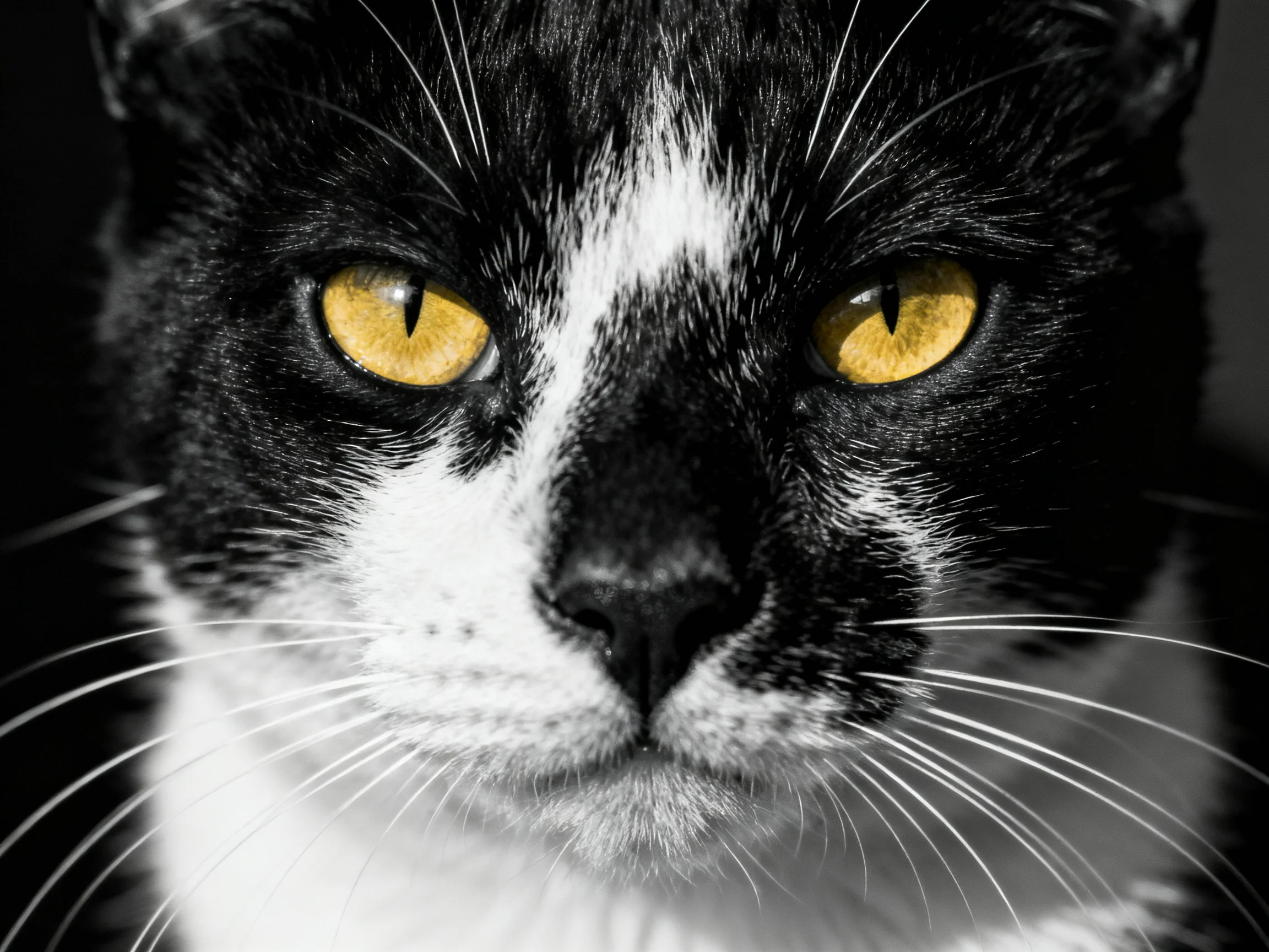 Close-up of a black and white cat with bright yellow eyes