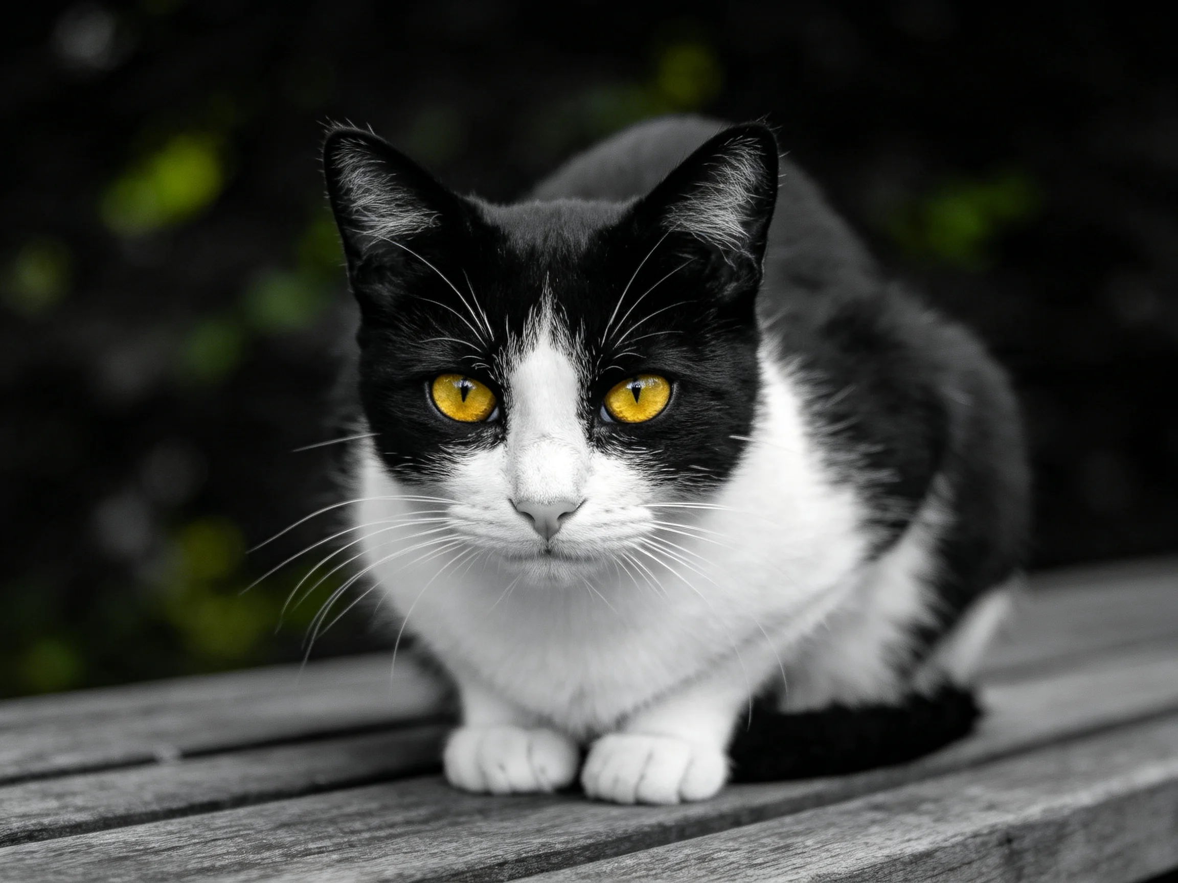 A black-and-white cat with bright yellow eyes sits on a wooden bench.