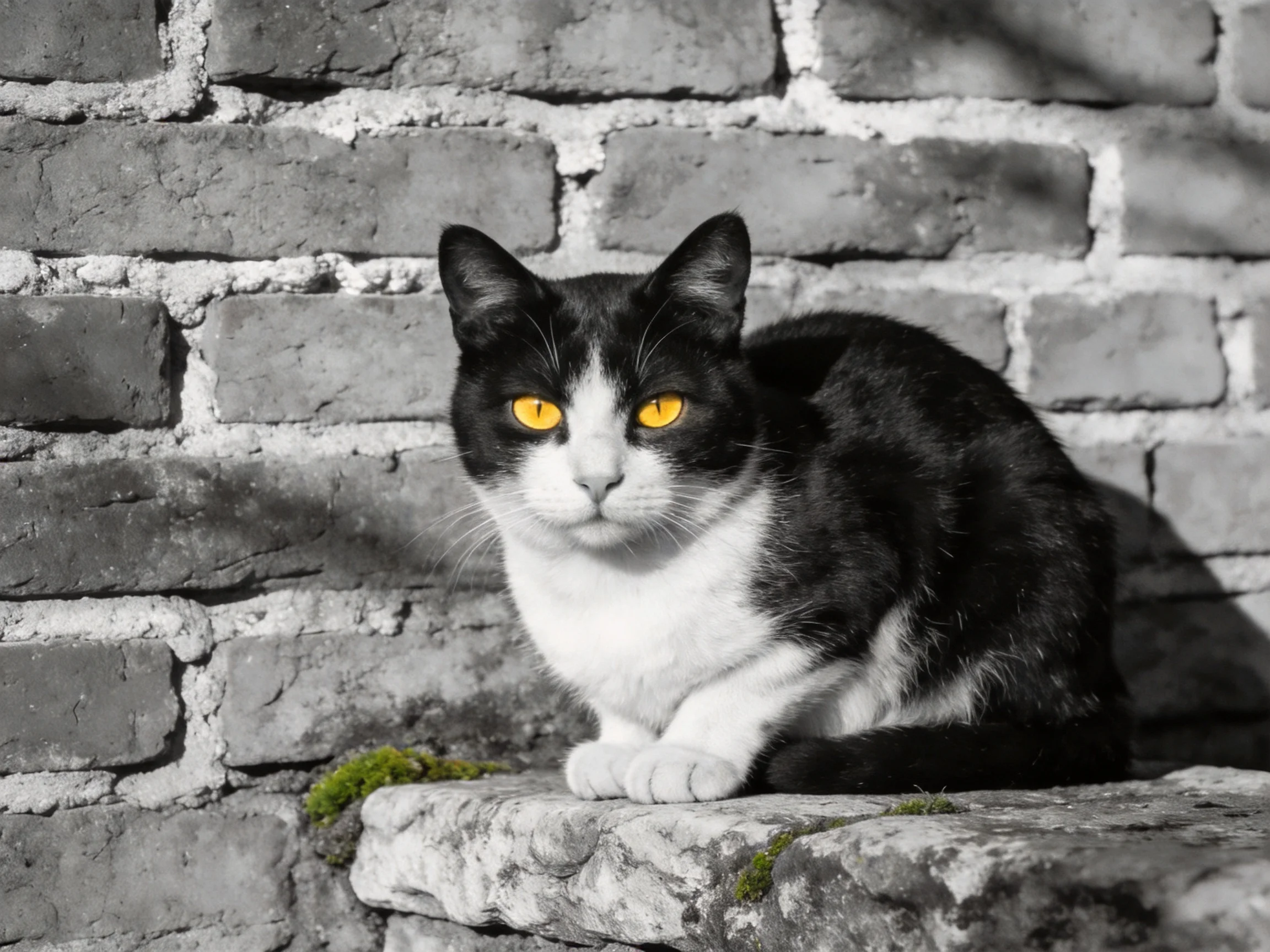 A black-and-white cat with bright yellow eyes sits beside a brick wall.