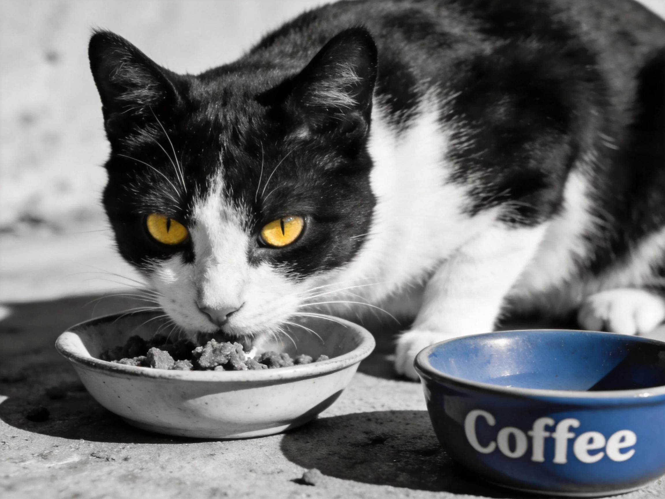 A black and white cat with yellow eyes eats from a bowl next to a blue Coffee bowl