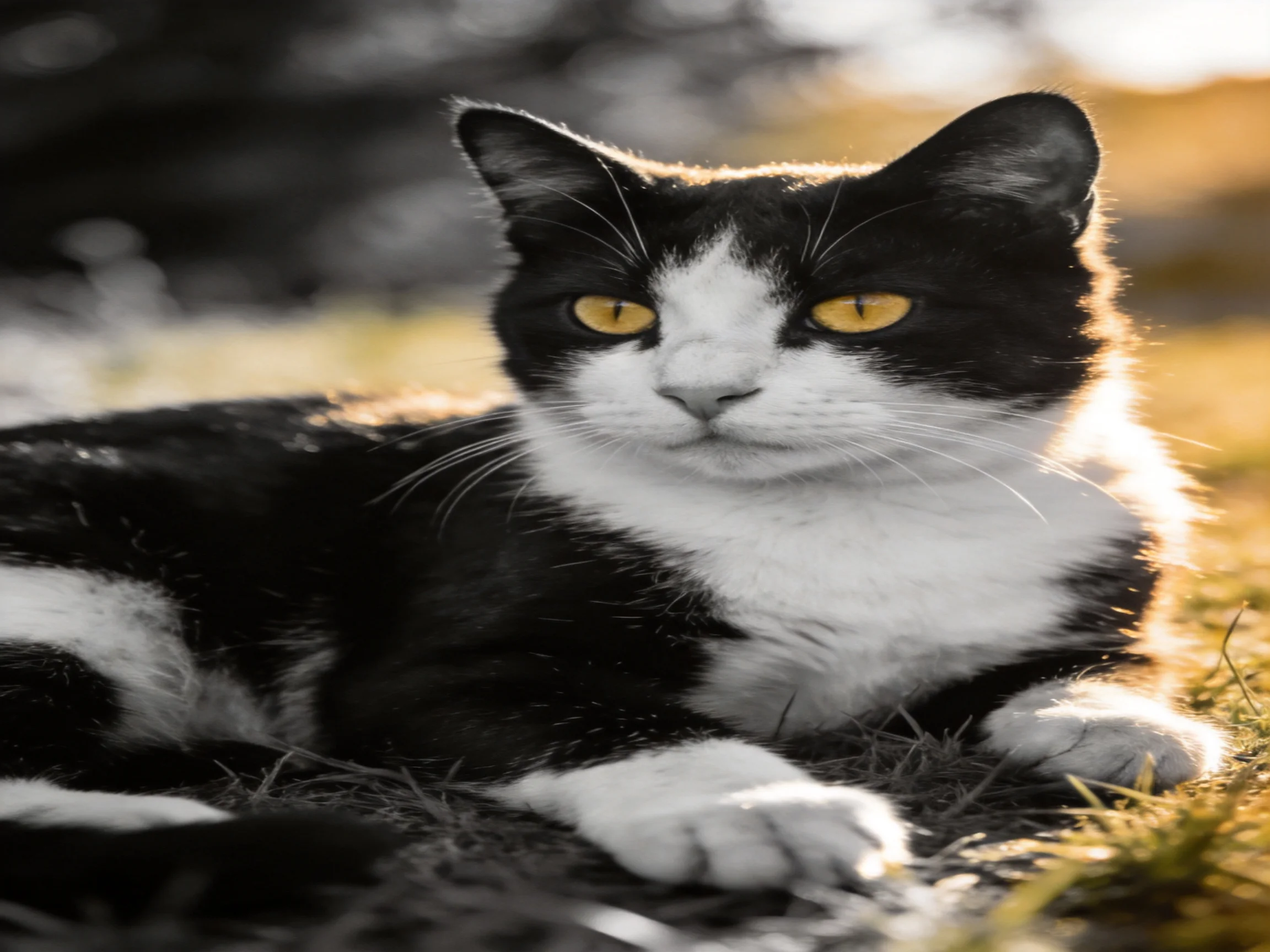A black-and-white cat with yellow eyes relaxes on grass