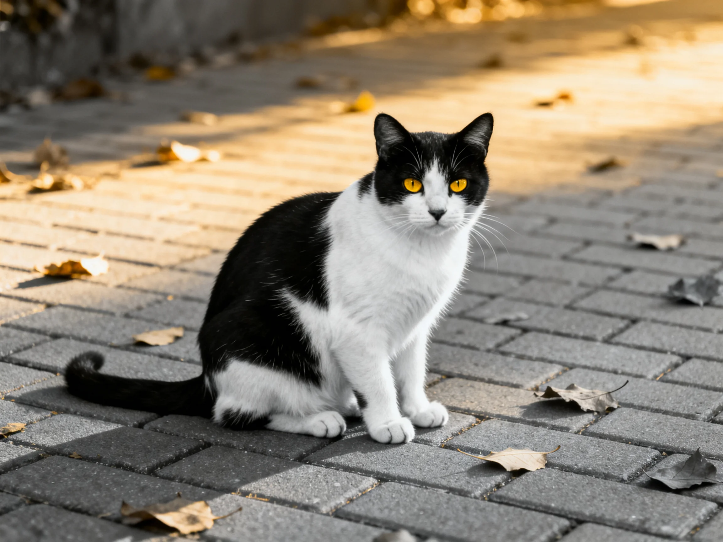 A black-and-white cat with bright yellow eyes sits on a brick walkway surrounded by scattered leaves