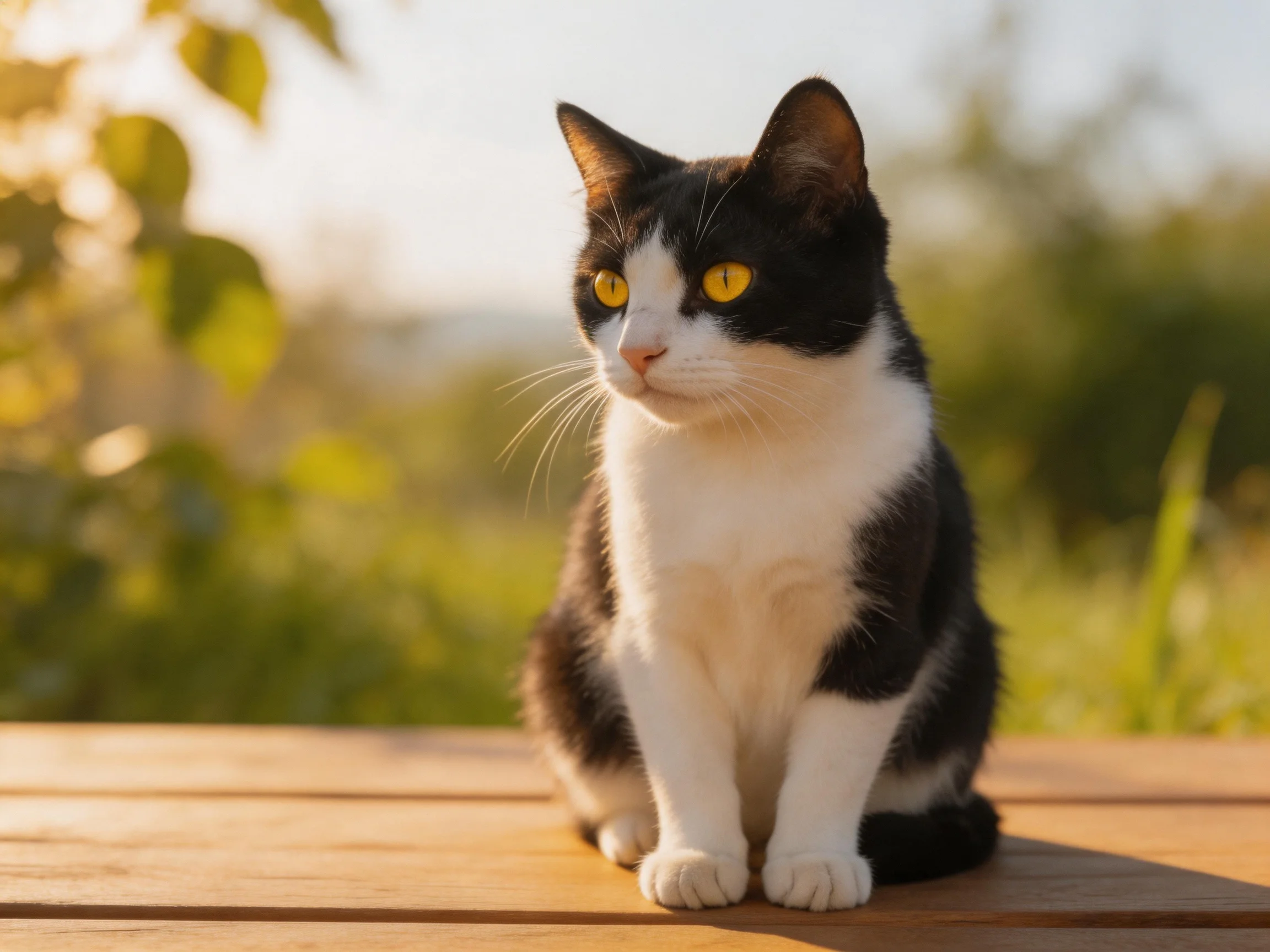 A black and white cat with yellow eyes sits on a wooden surface in a sunlit outdoor area.