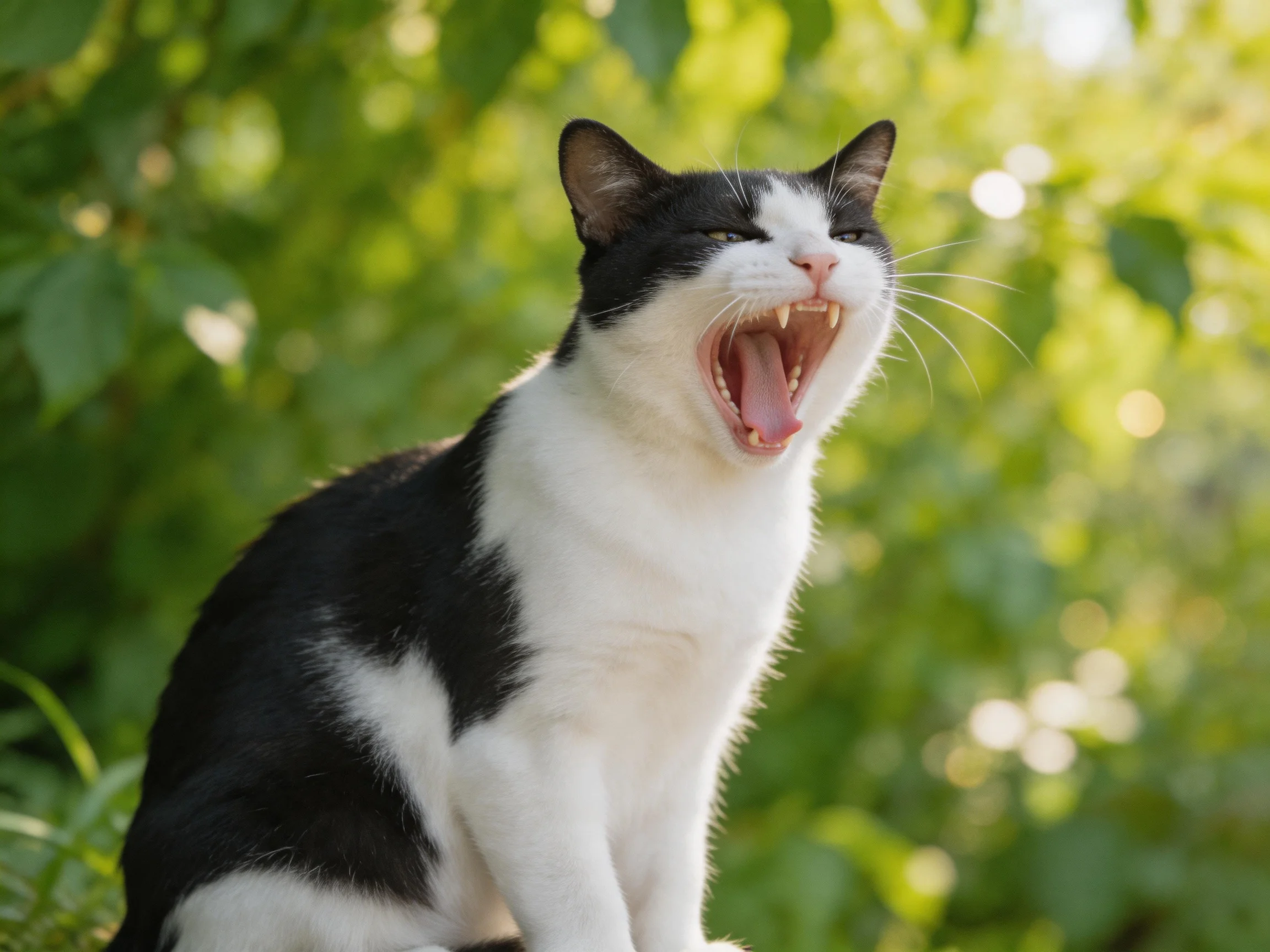 A black and white cat yawns near green foliage in a sunlit area.