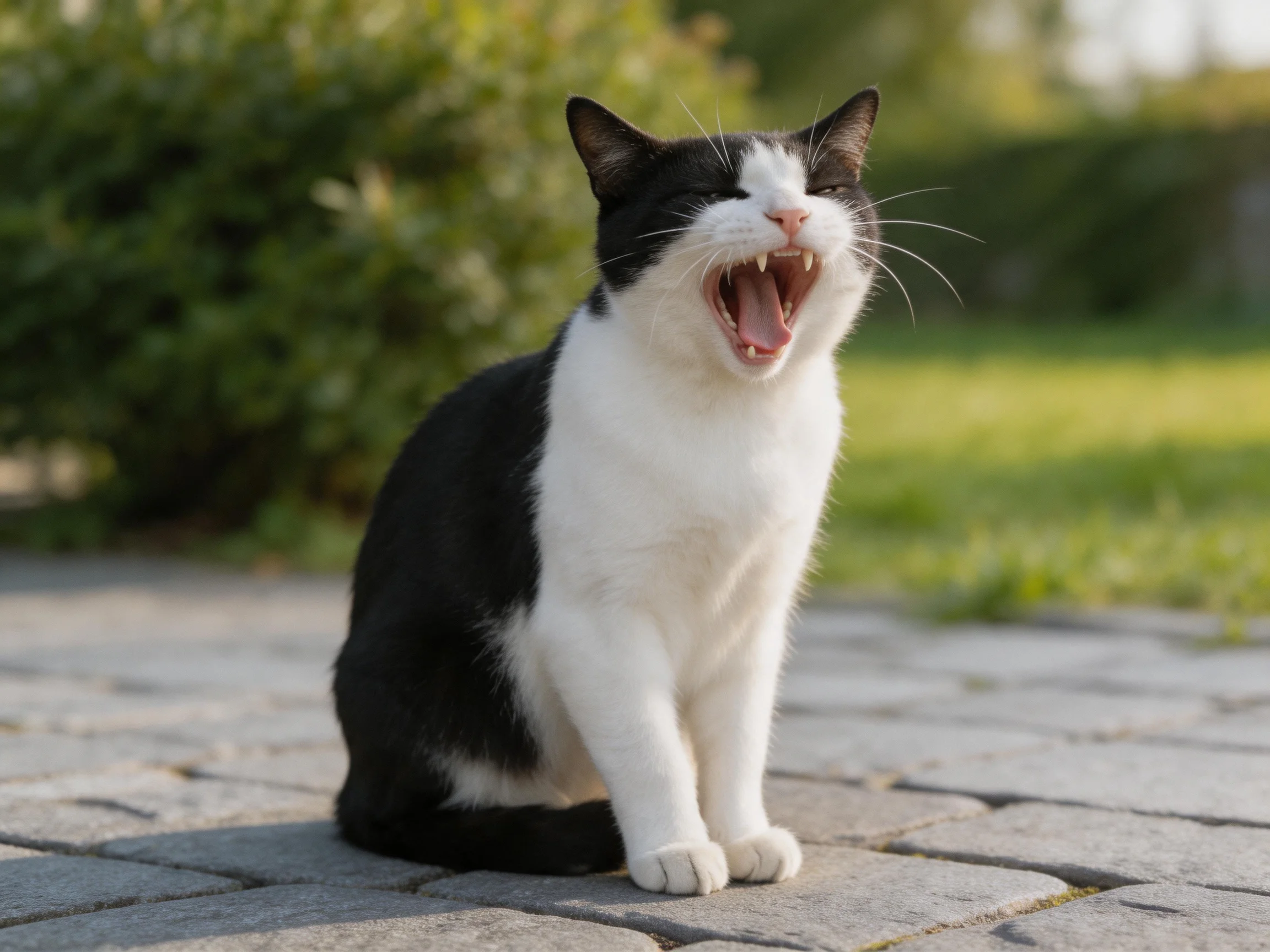 A black and white cat yawning on a stone path in a green outdoor setting