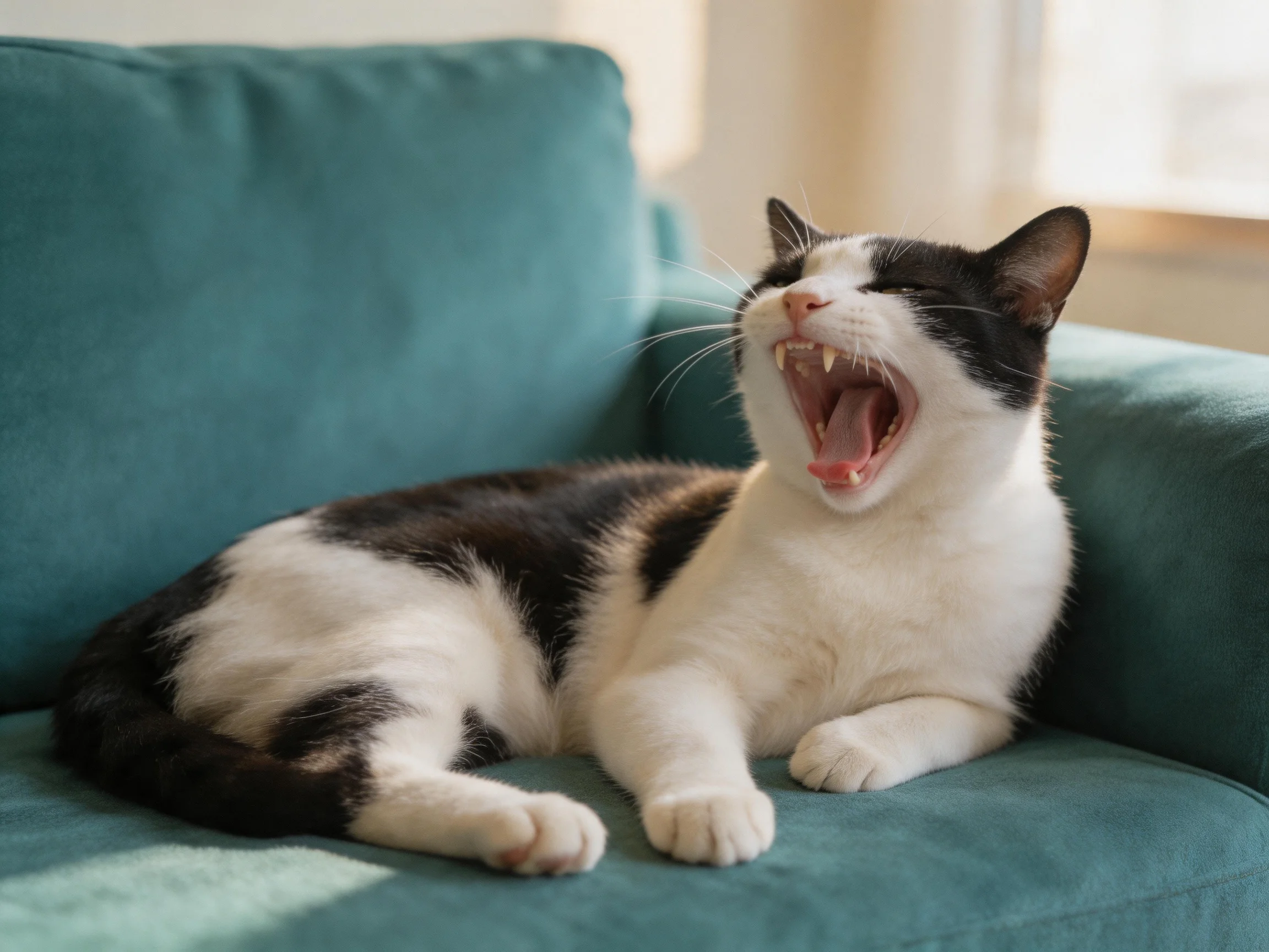 A black and white cat yawning on a teal sofa with soft natural light
