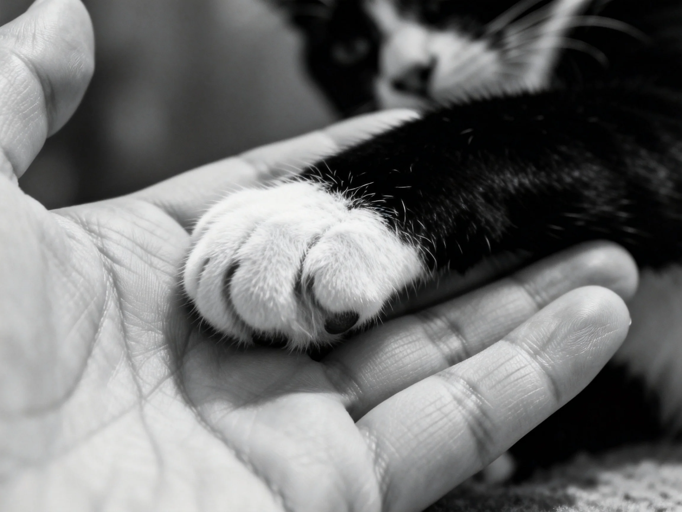 A black-and-white cat’s paw gently placed on an open human hand
