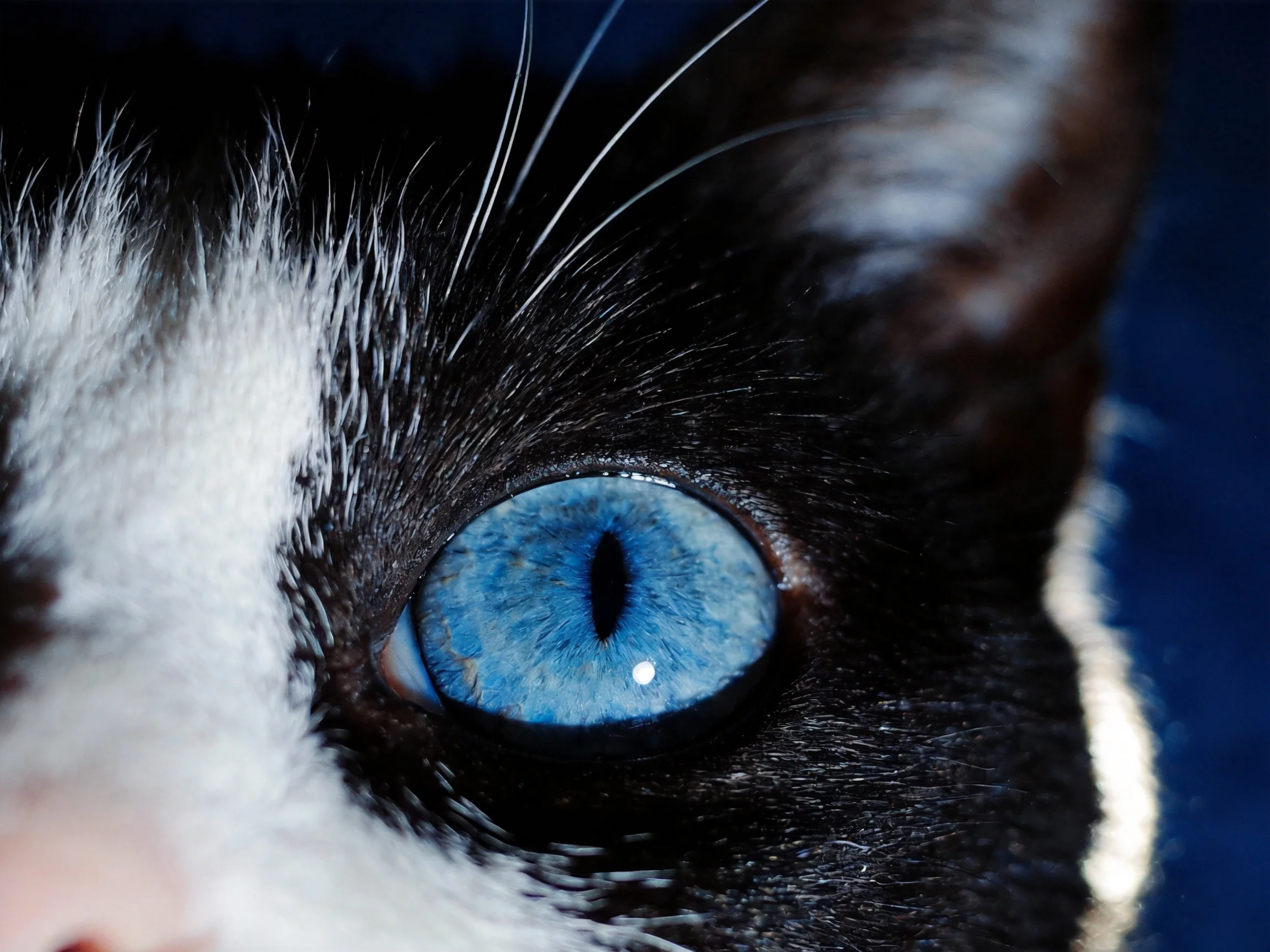 A black-and-white cat’s vivid blue eye is highlighted in a close-up photograph.