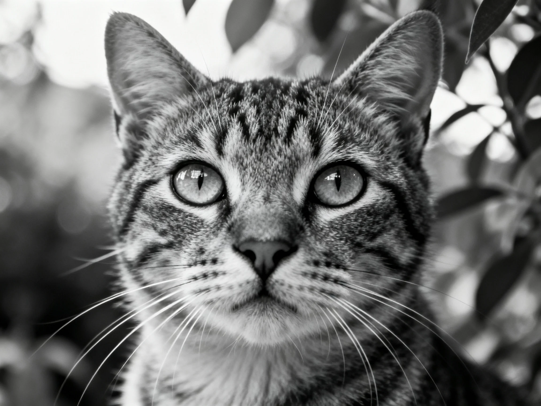A black and white photograph shows a tabby cat with prominent eyes near foliage.