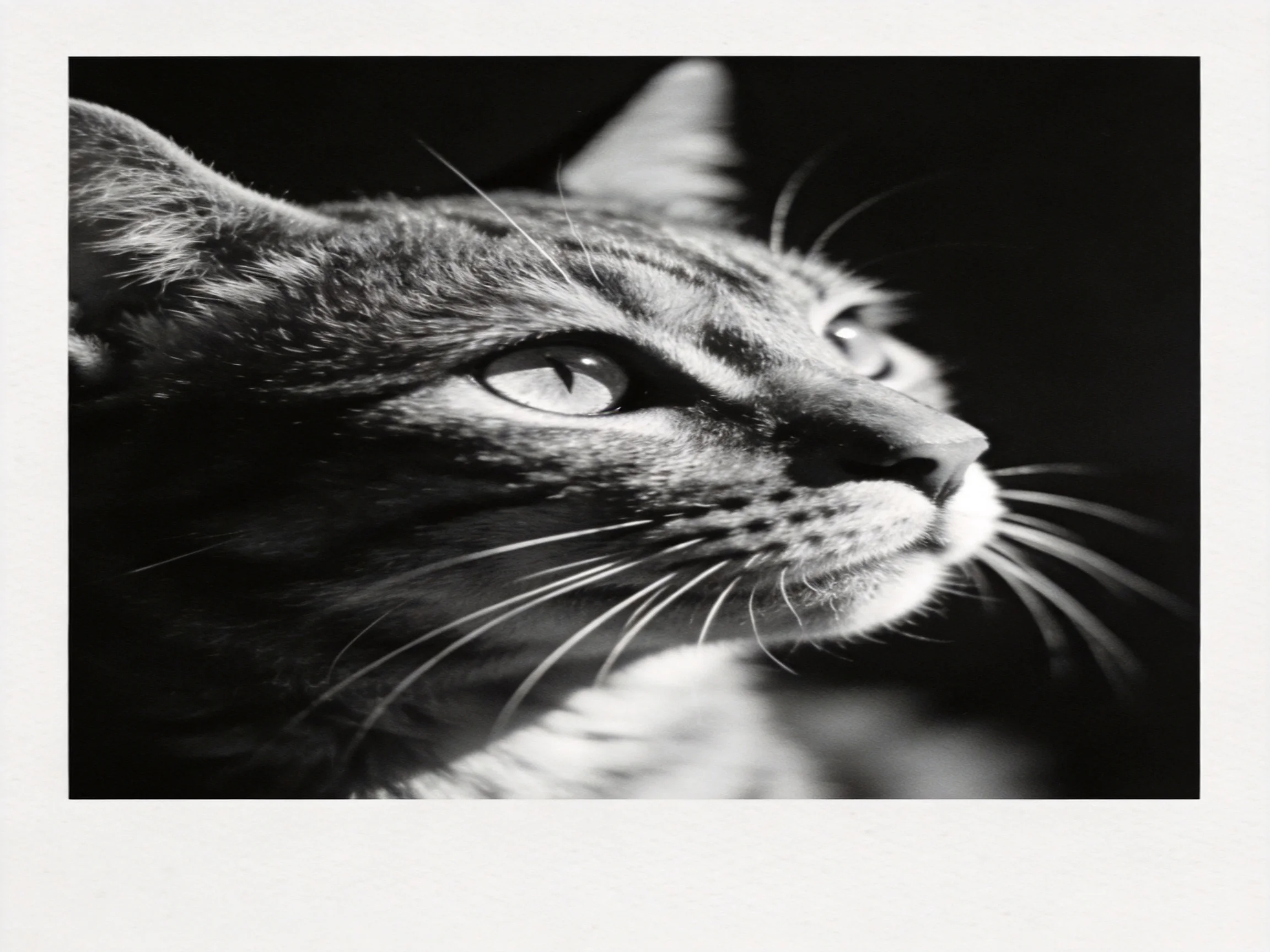 A black and white close - up shows a tabby cat gazing upward