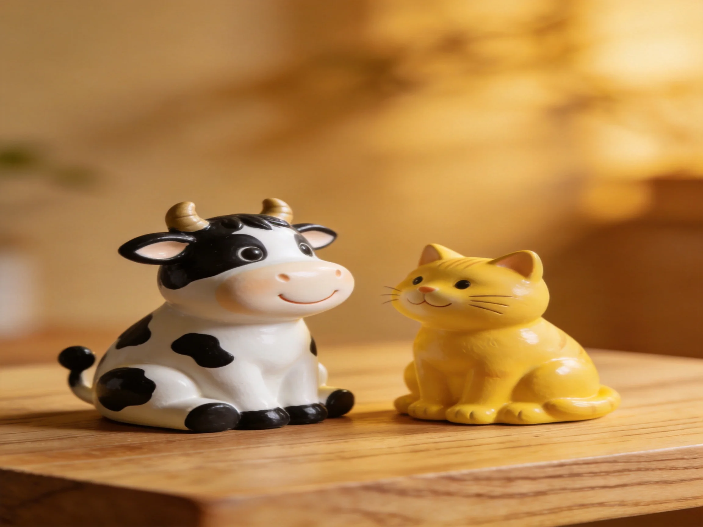 A black-and-white cow figurine and a yellow cat figurine sit together on wood