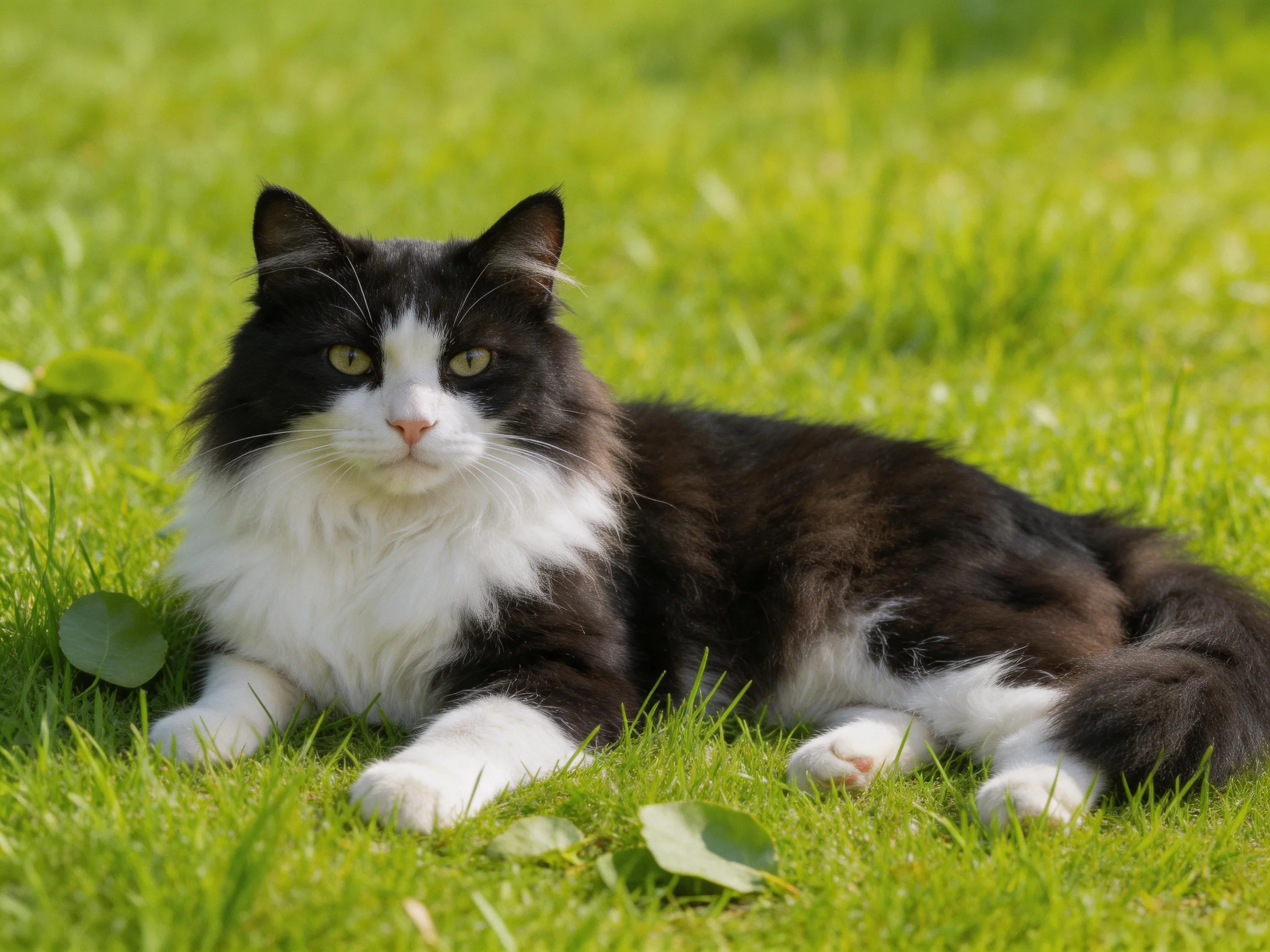 A black-and-white cat relaxes on green grass in a sunlit area.
