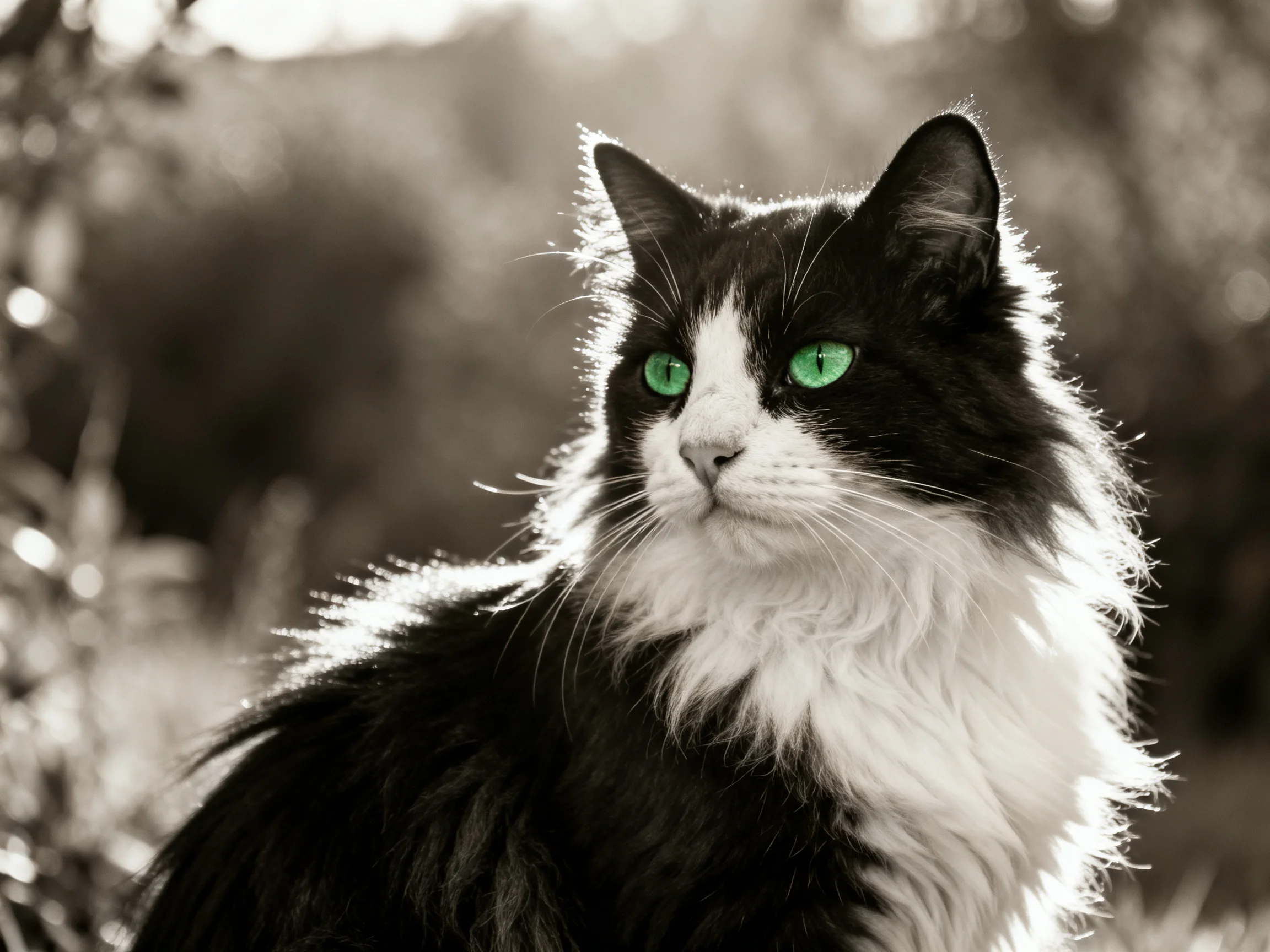 A black-and-white cat with vivid green eyes sits amid blurred natural surroundings.