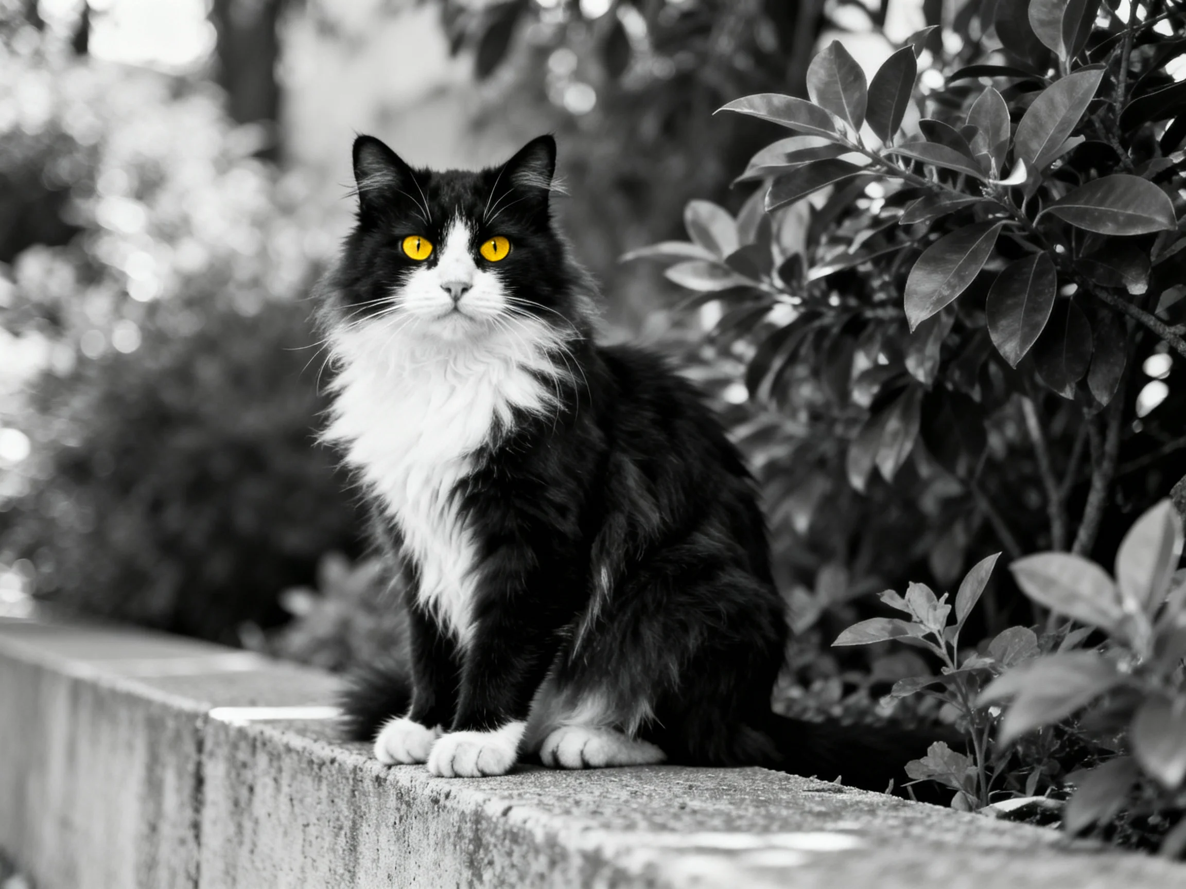 A black-and-white cat with striking yellow eyes sits on a ledge near foliage.