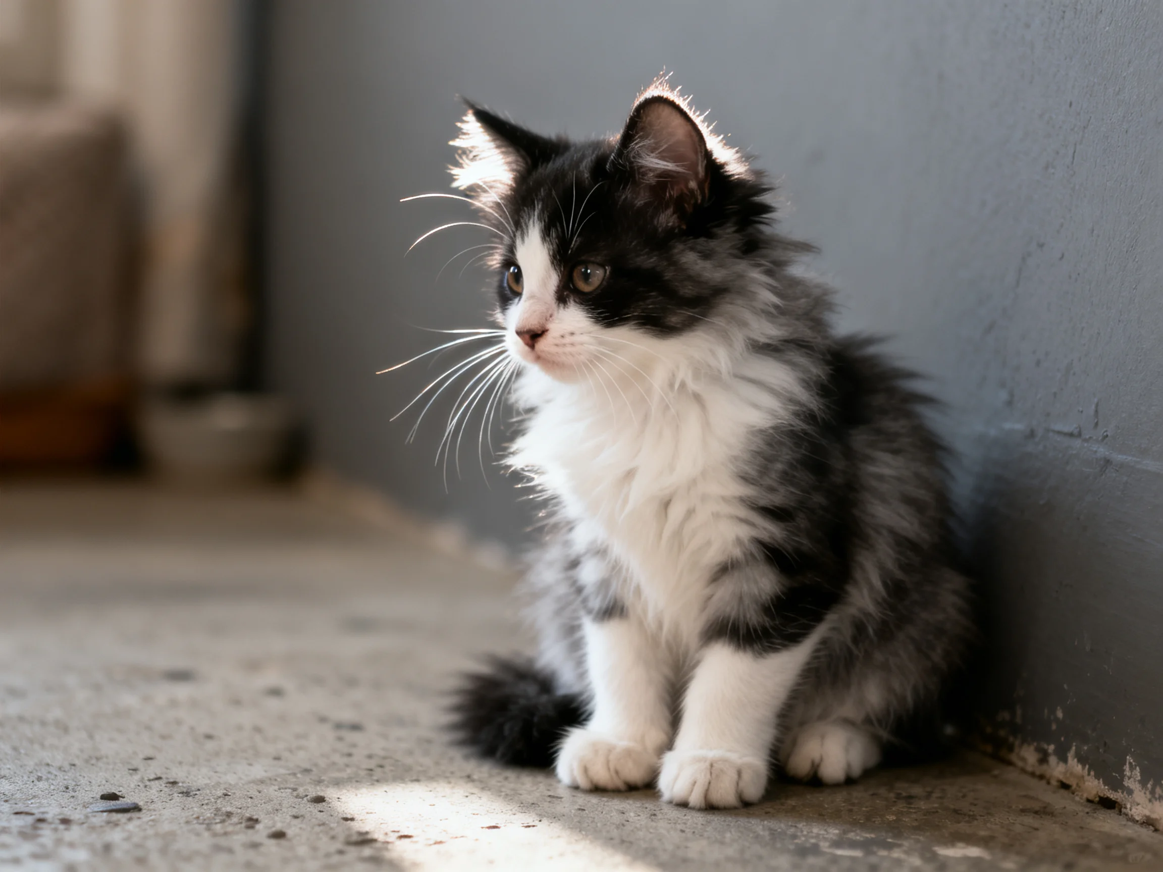 A black-and-white fluffy kitten sits calmly by a gray wall