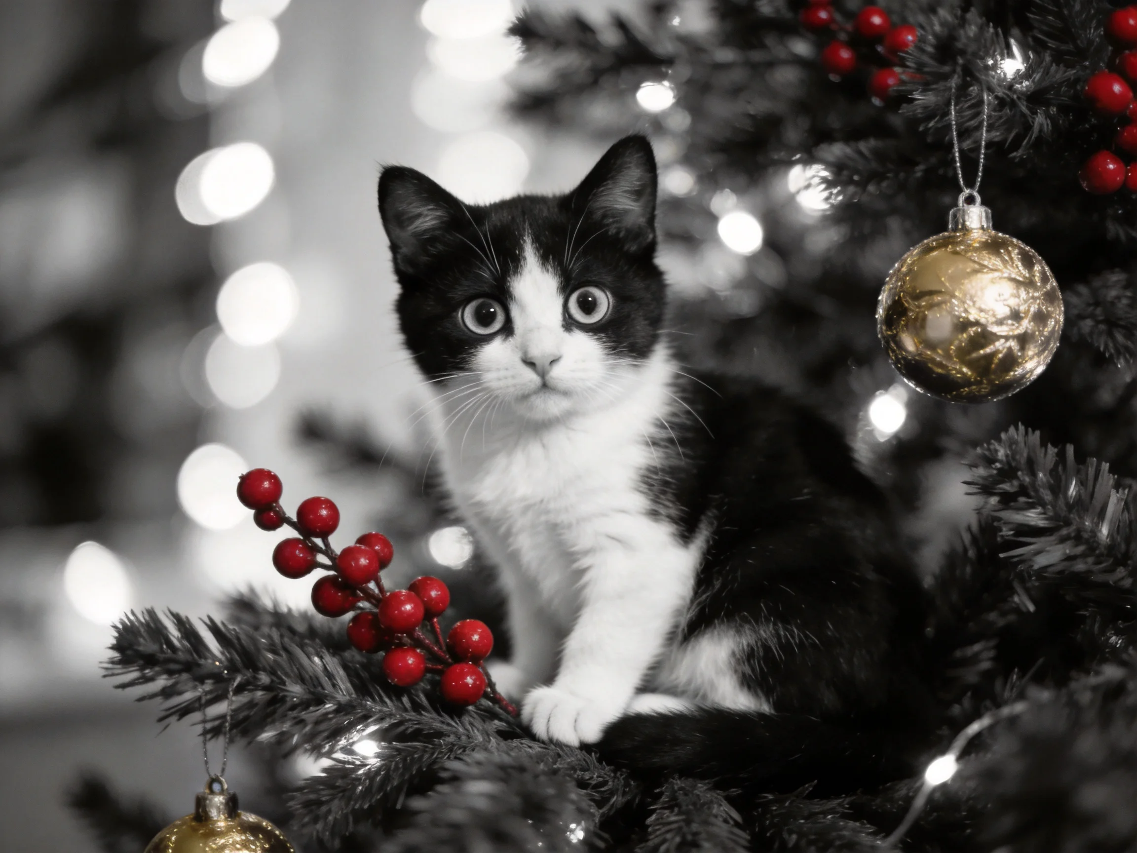 A black-and-white kitten sits among Christmas tree decorations with red berries.