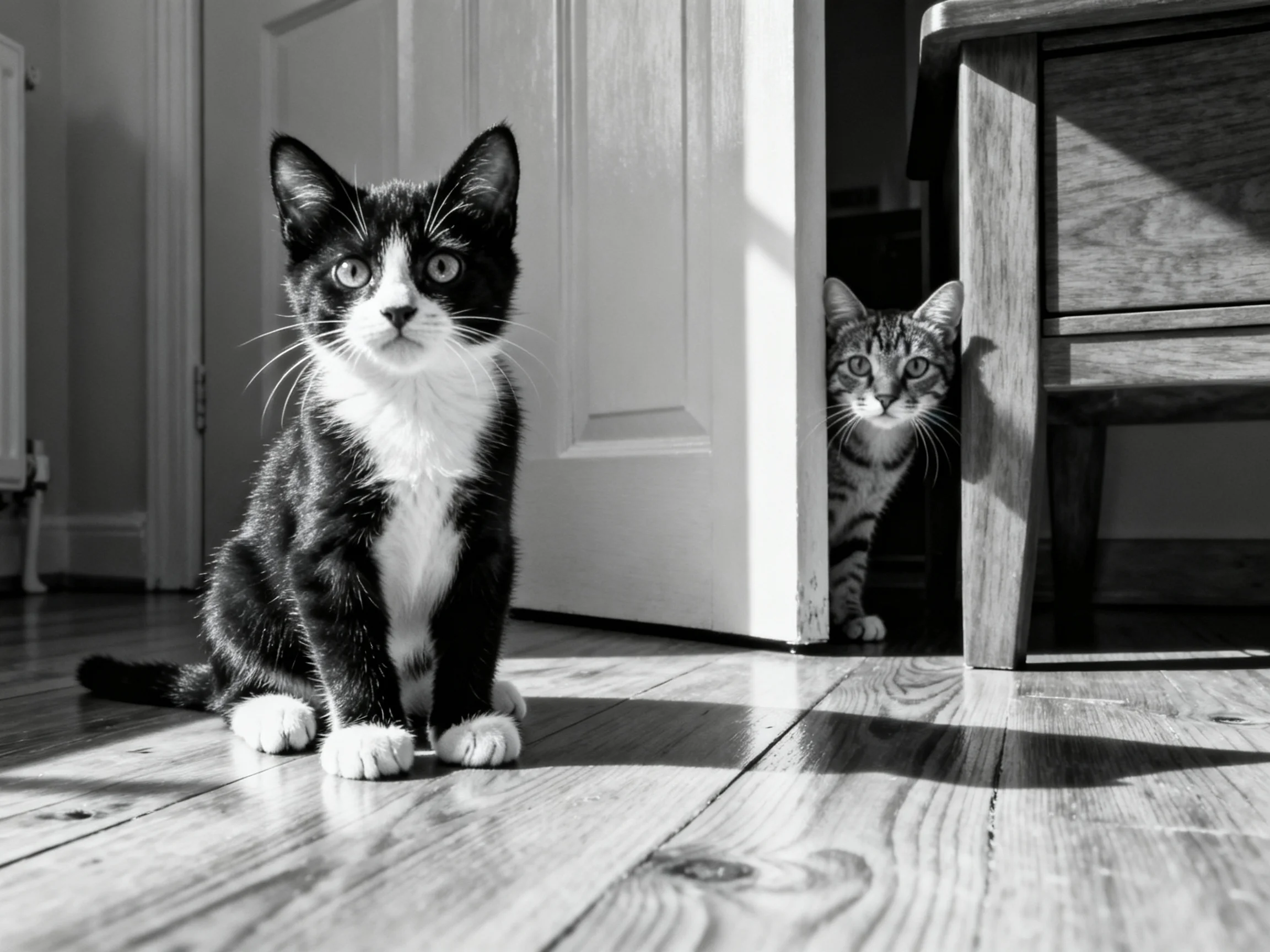 A black-and-white kitten and a tabby kitten near an open door