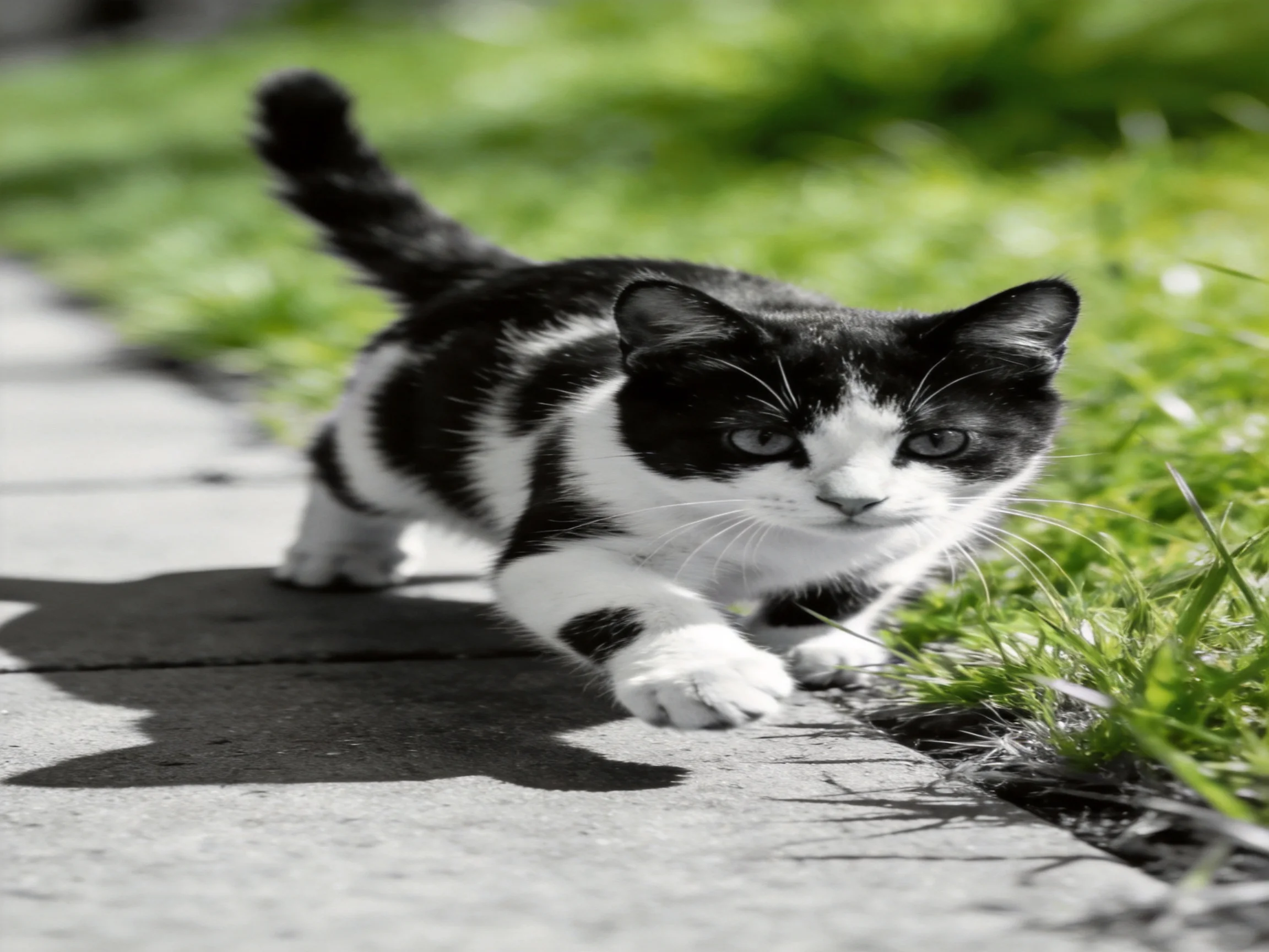 A black and white kitten explores a paved path beside lush green grass