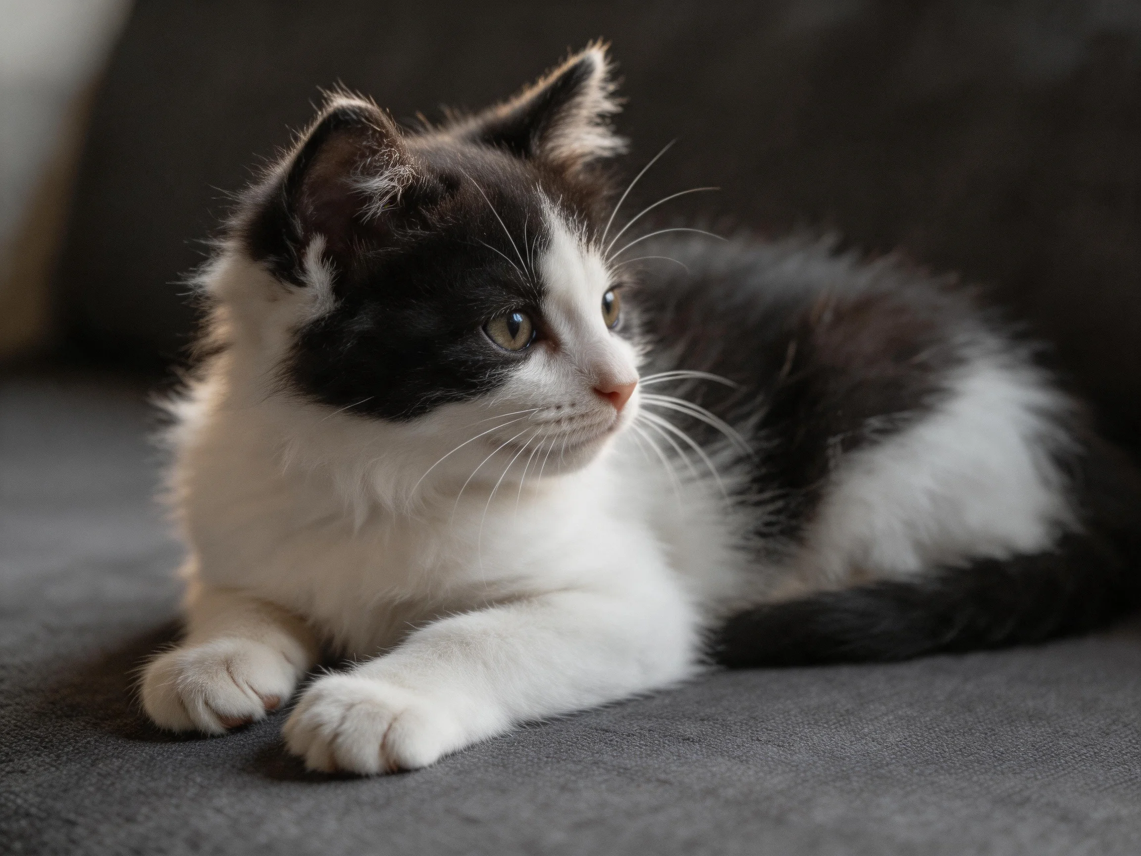 A black and white kitten lounges on a dark gray fabric surface with soft lighting