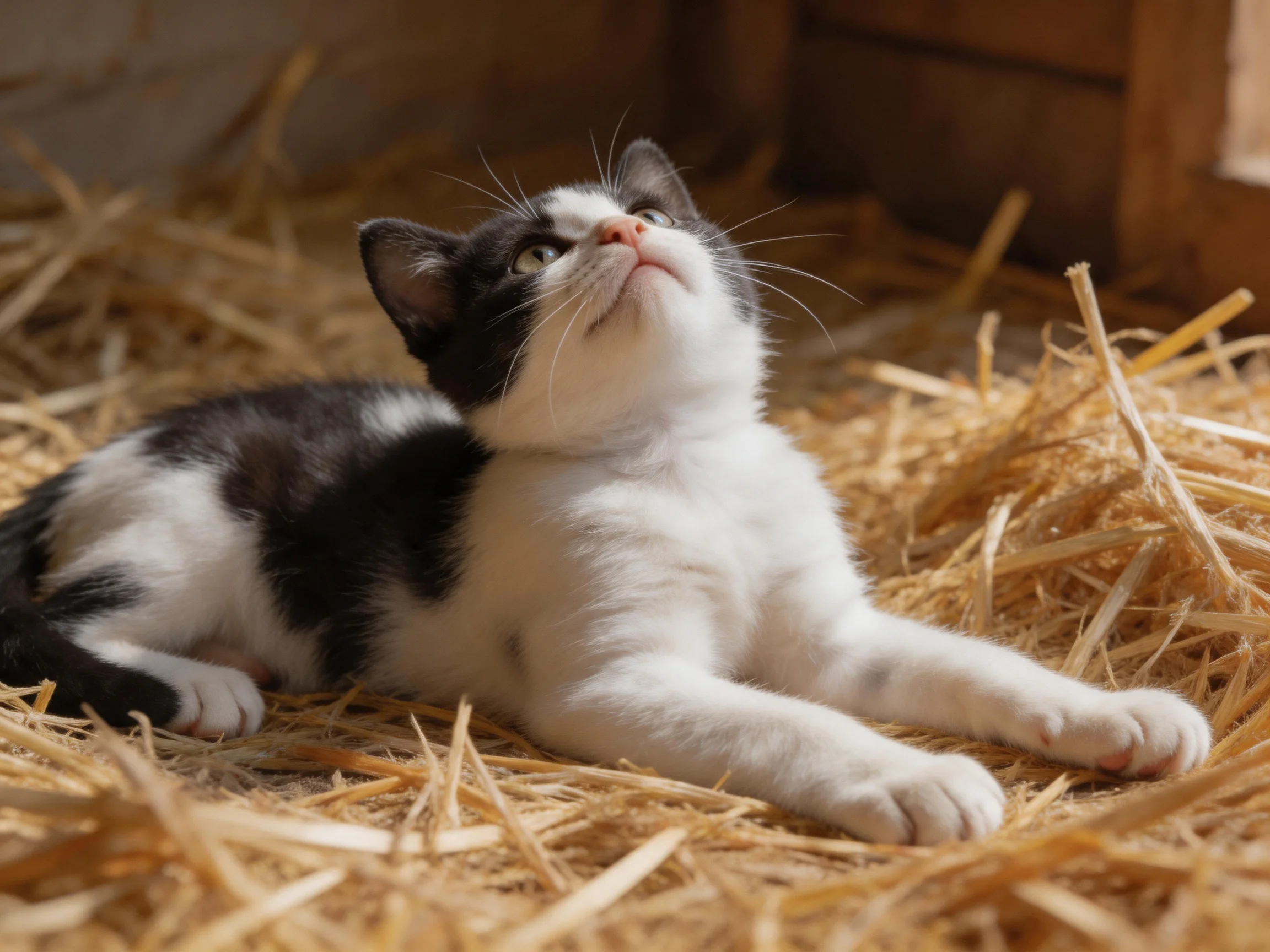 A black-and-white kitten lounges on straw in a wooden shelter