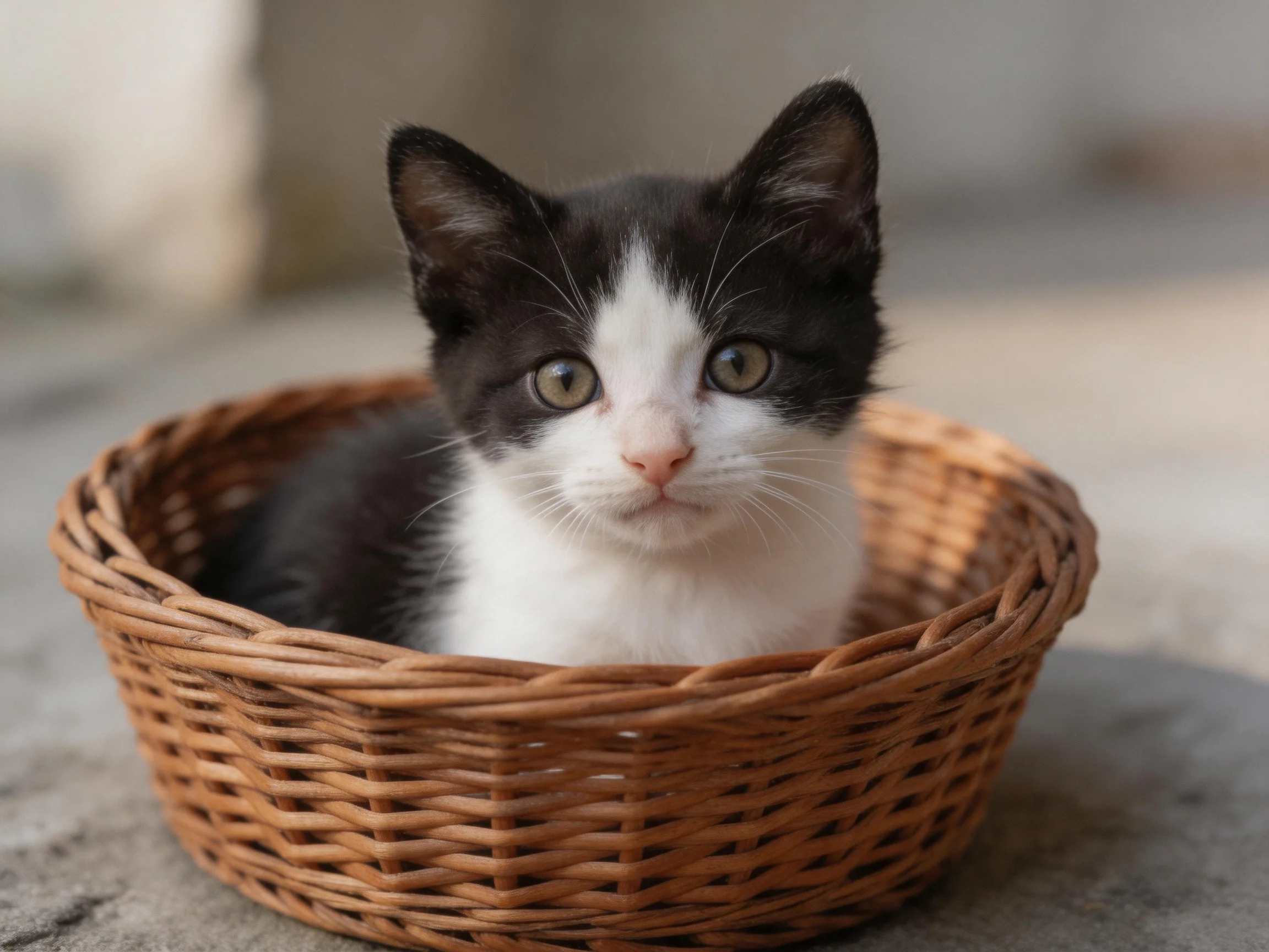 A black and white kitten nestled in a woven wicker basket