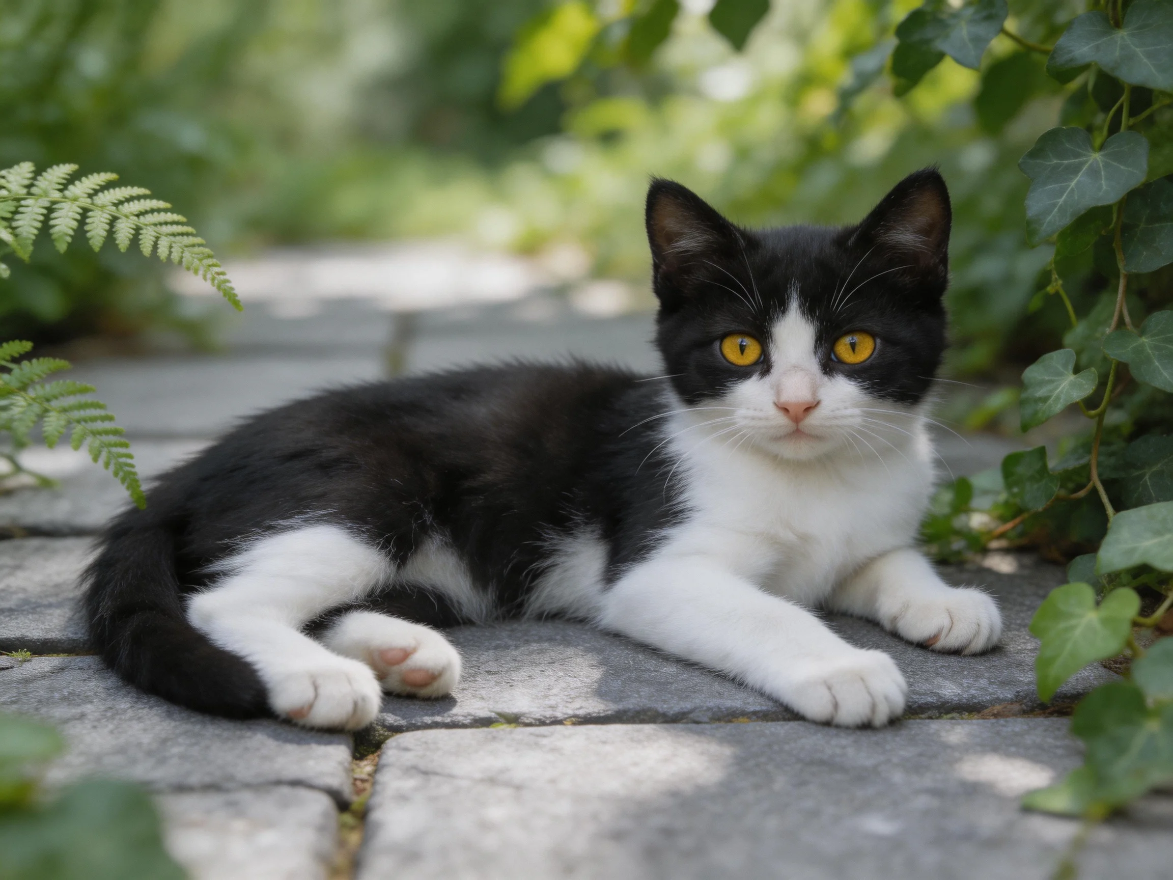 A black-and-white kitten relaxes on a stone path surrounded by foliage.