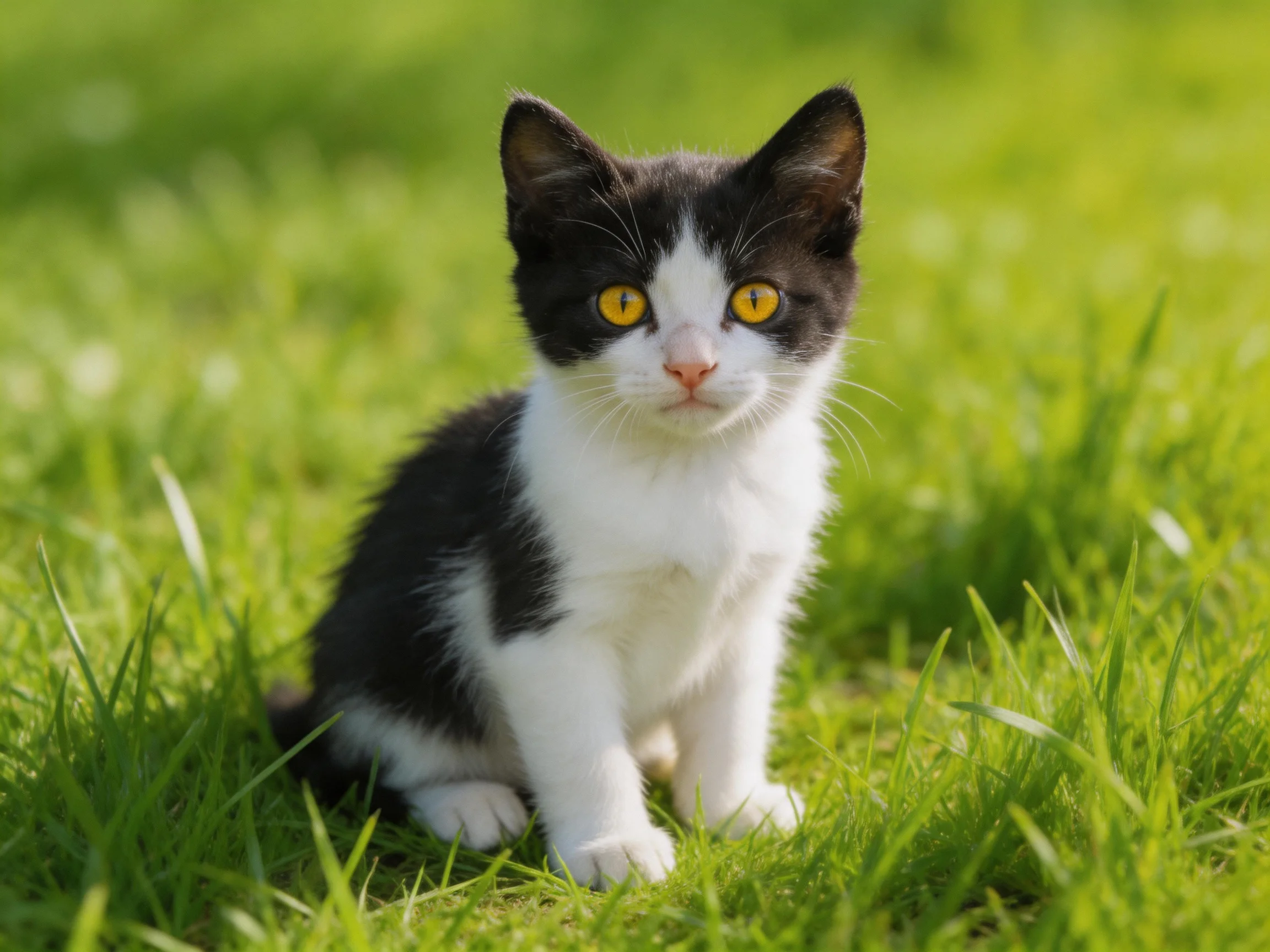 A black-and-white kitten sits calmly among lush green grass.