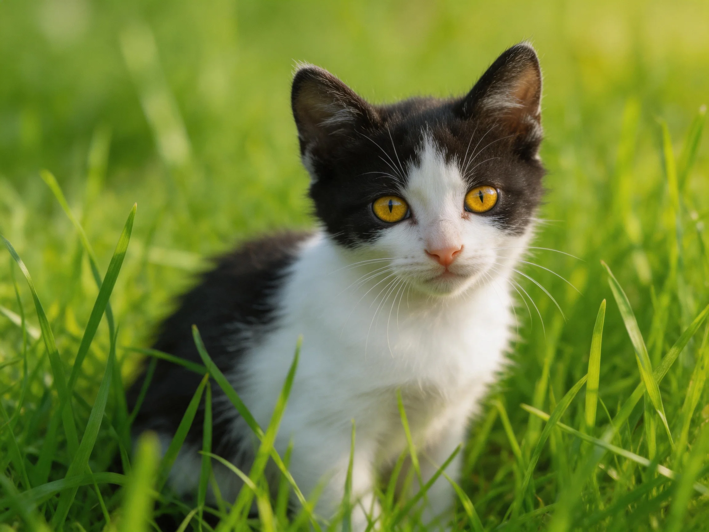A black-and-white kitten rests in lush green grass outdoors.