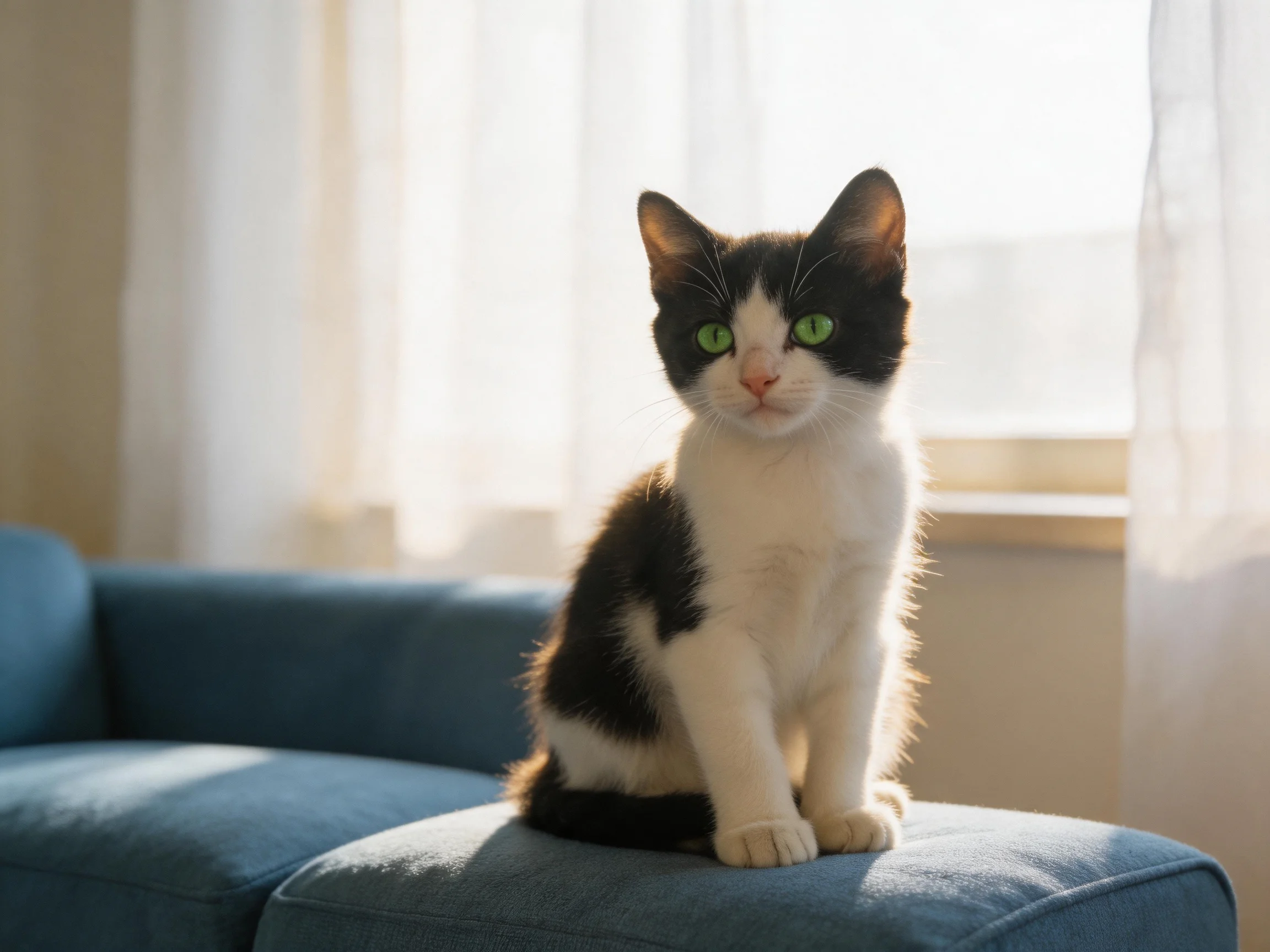 A black-and-white kitten sits on a blue couch in a sunlit room.