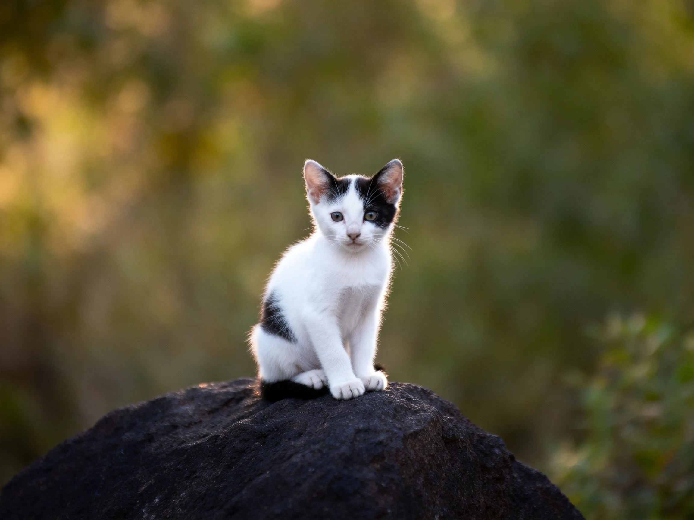 A black-and-white kitten sits on a dark rock in a sunlit natural setting.