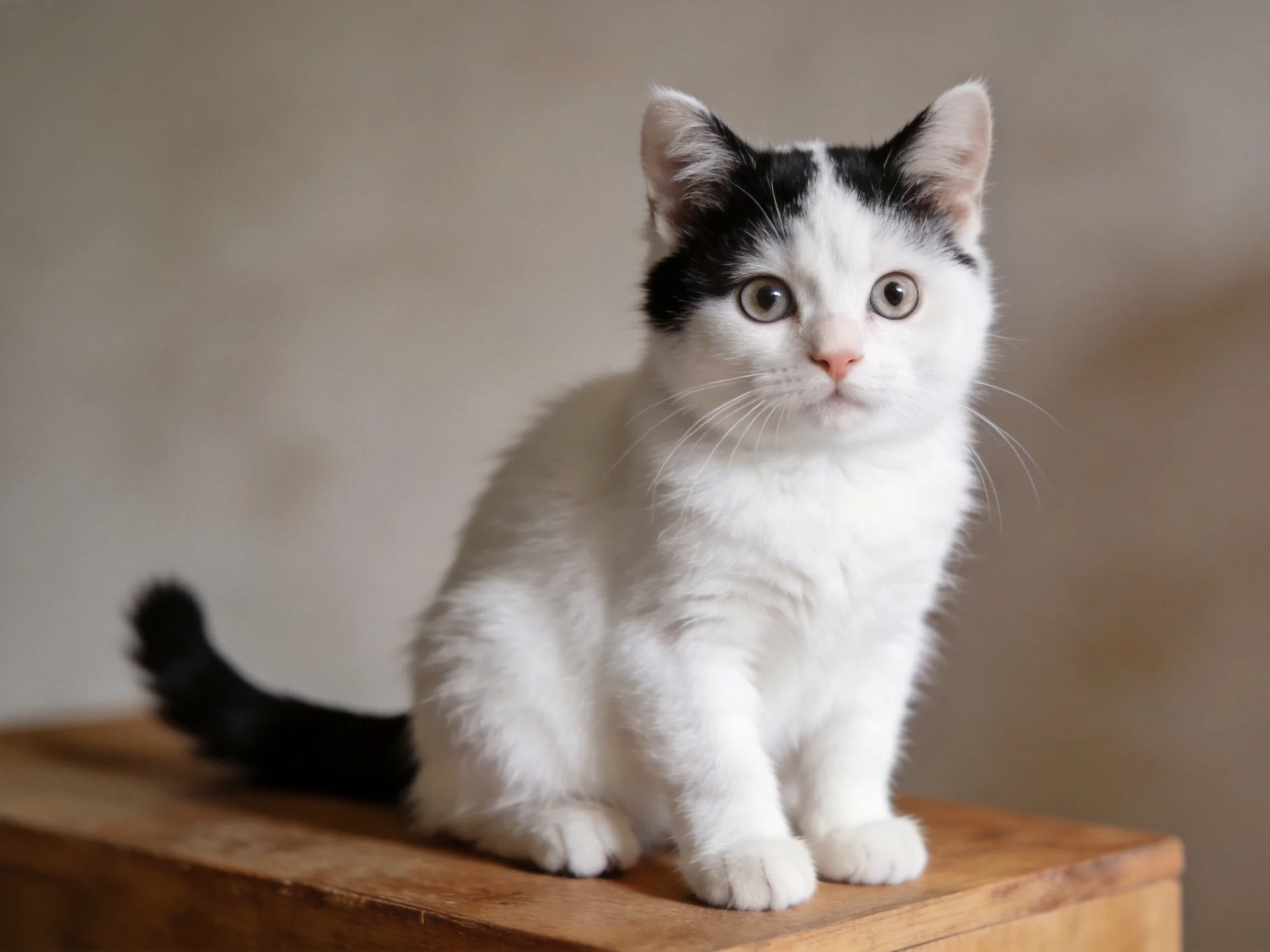 A black-and-white kitten sits calmly on a wooden surface.