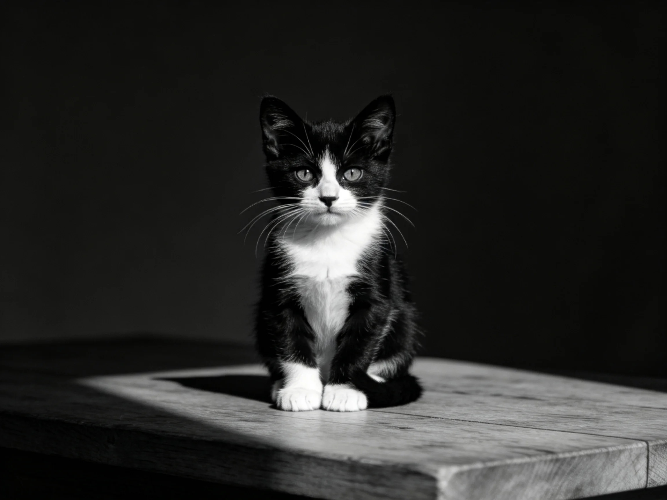 A black and white kitten sits calmly on a wooden surface in a dimly lit setting.
