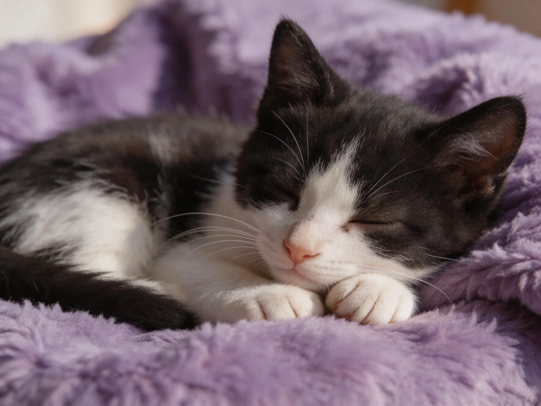 A black and white kitten rests on a soft purple blanket
