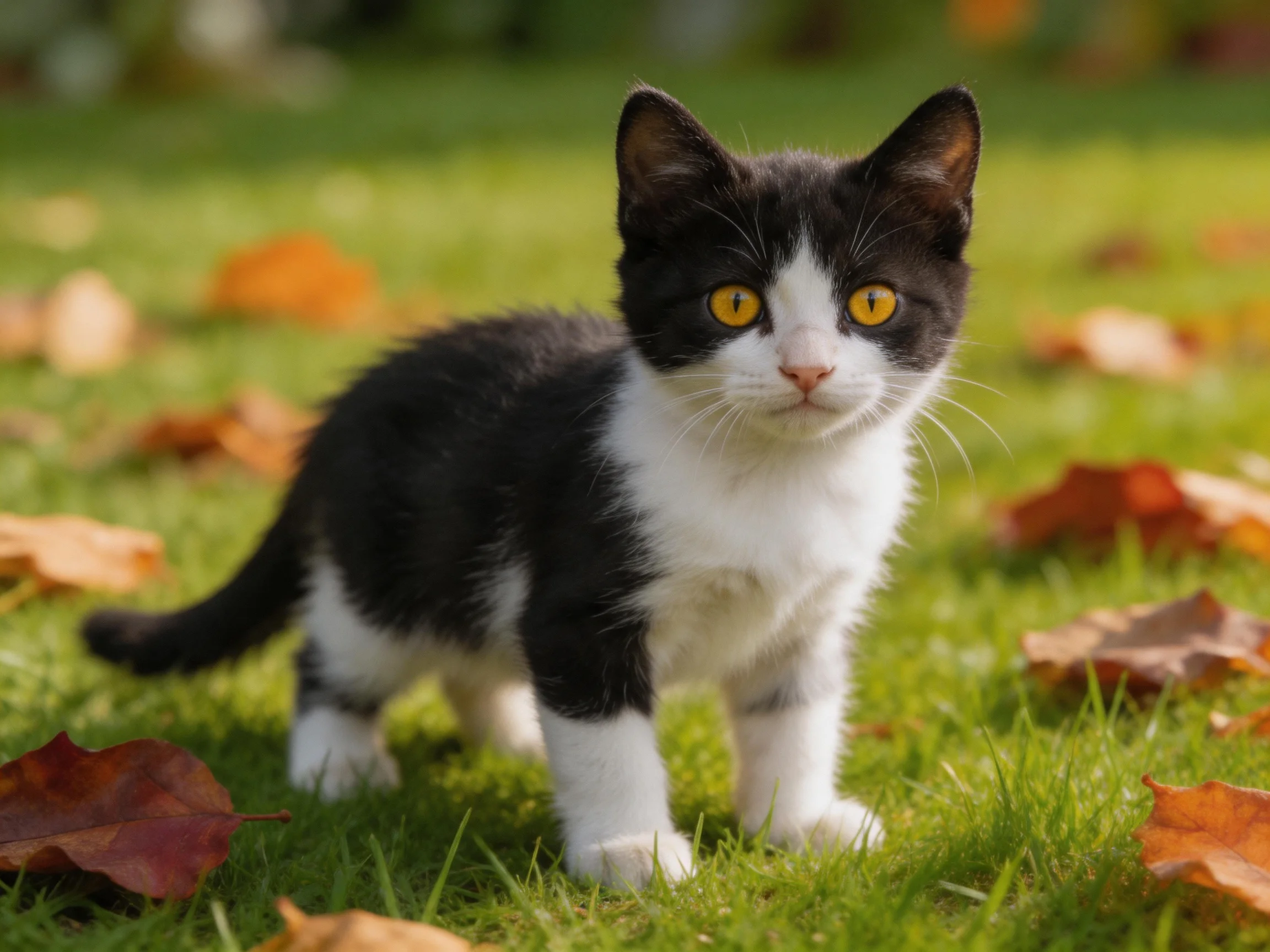 A black-and-white kitten stands on grass amid fallen autumn leaves.
