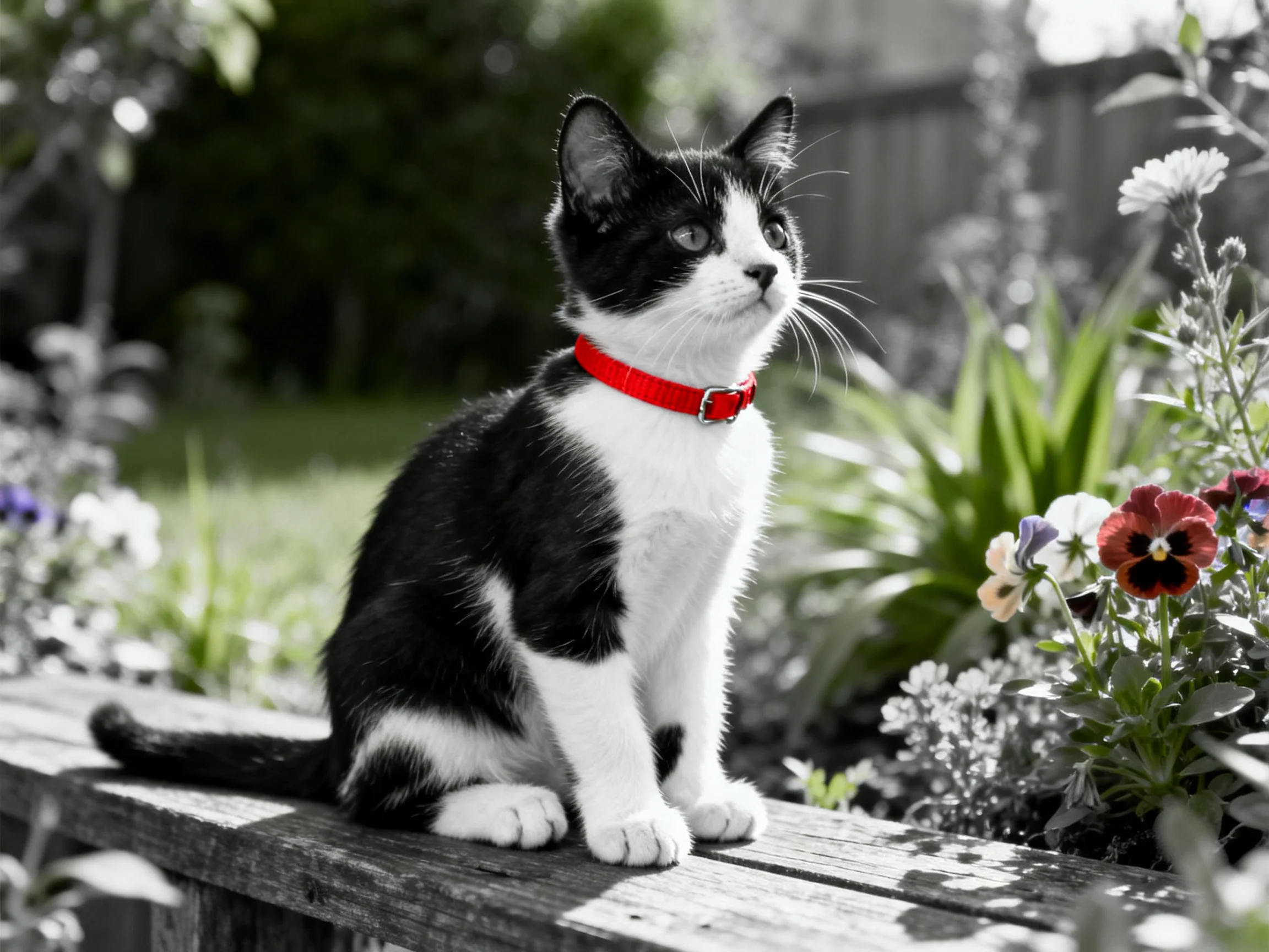 A black-and-white kitten with a red collar rests in a garden filled with flowers.