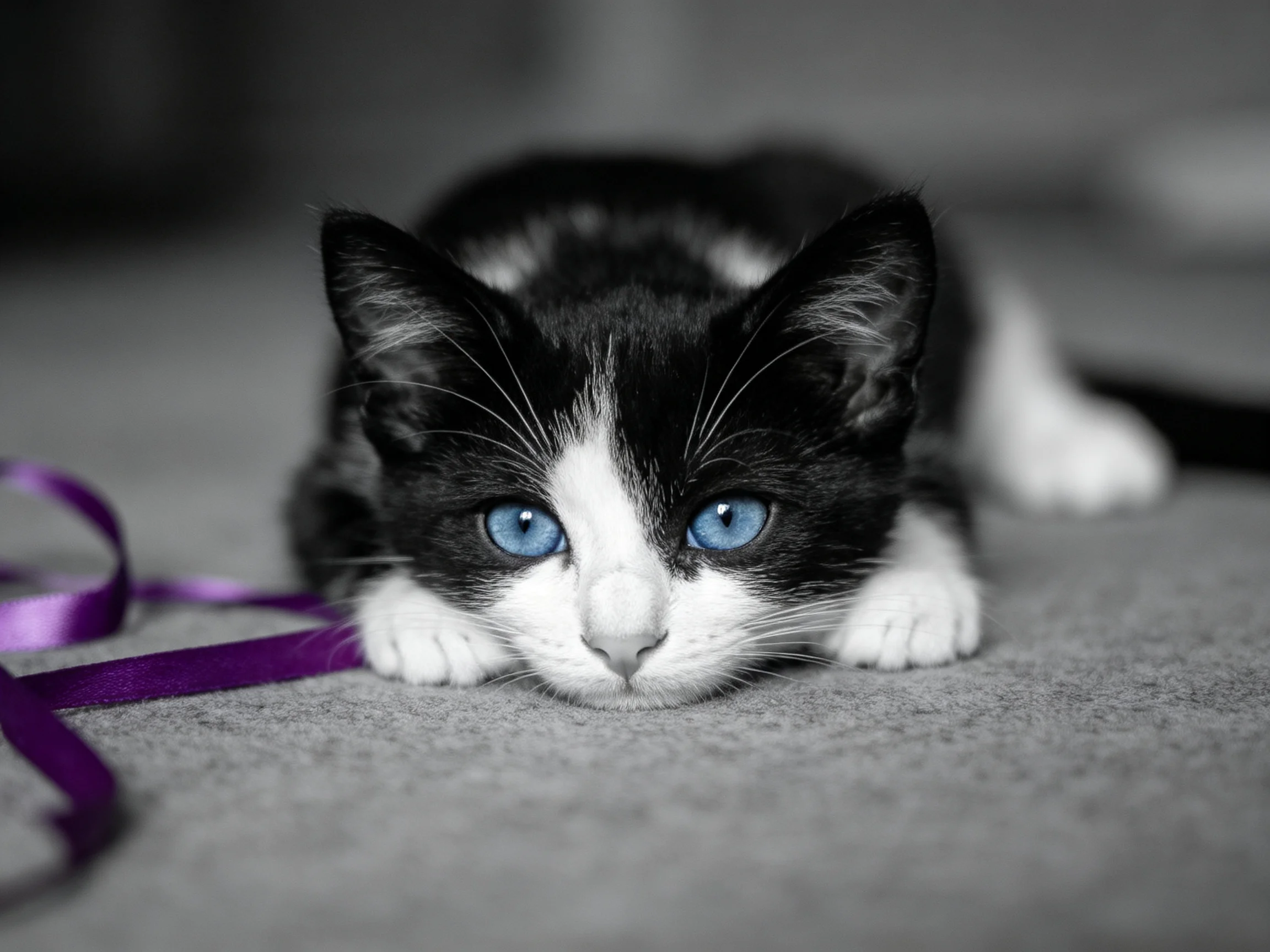 A black-and-white kitten with blue eyes rests beside a purple ribbon on a carpet.