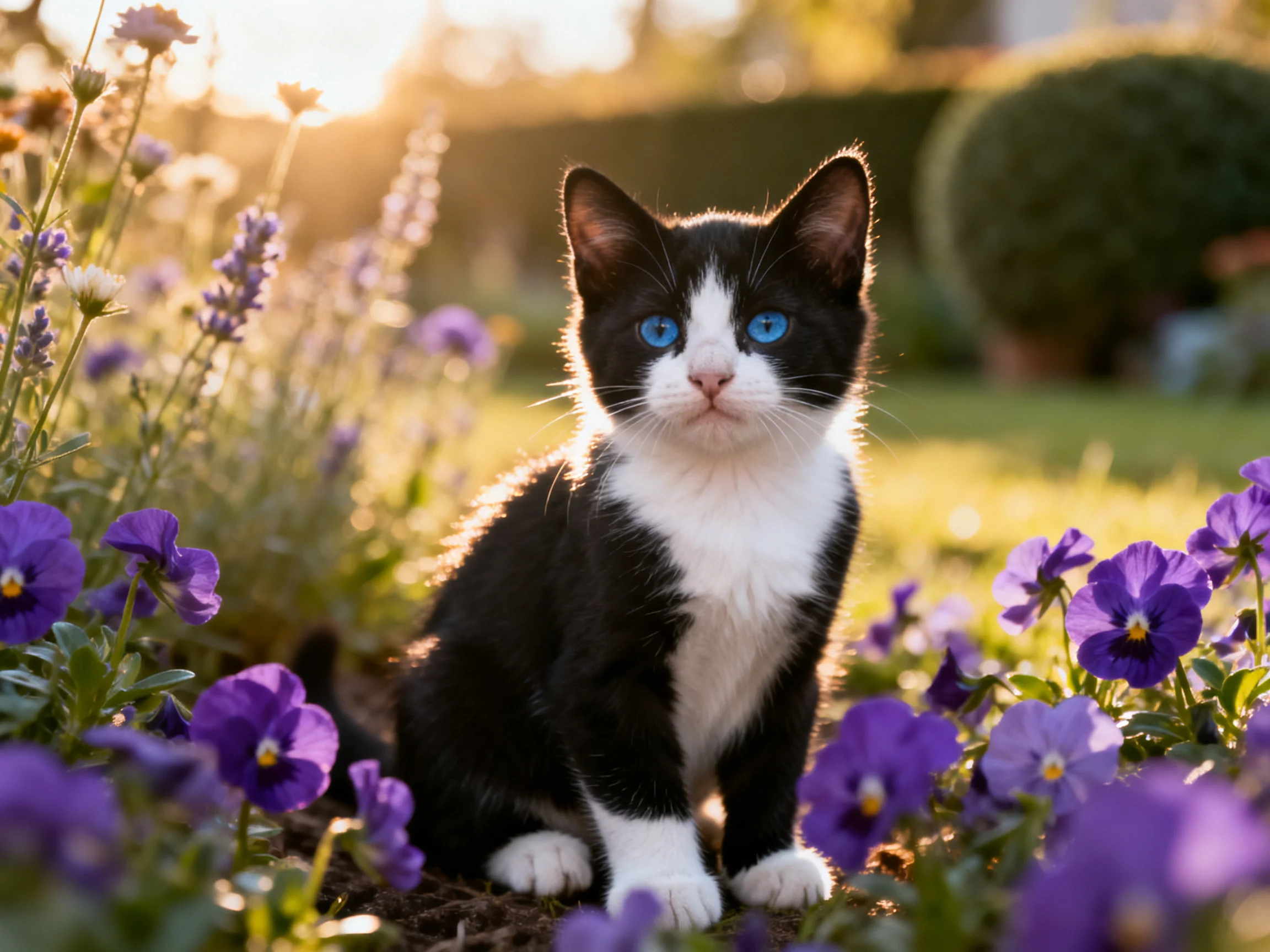 A black-and-white kitten with striking blue eyes rests amid colorful flowers in a sunlit garden.