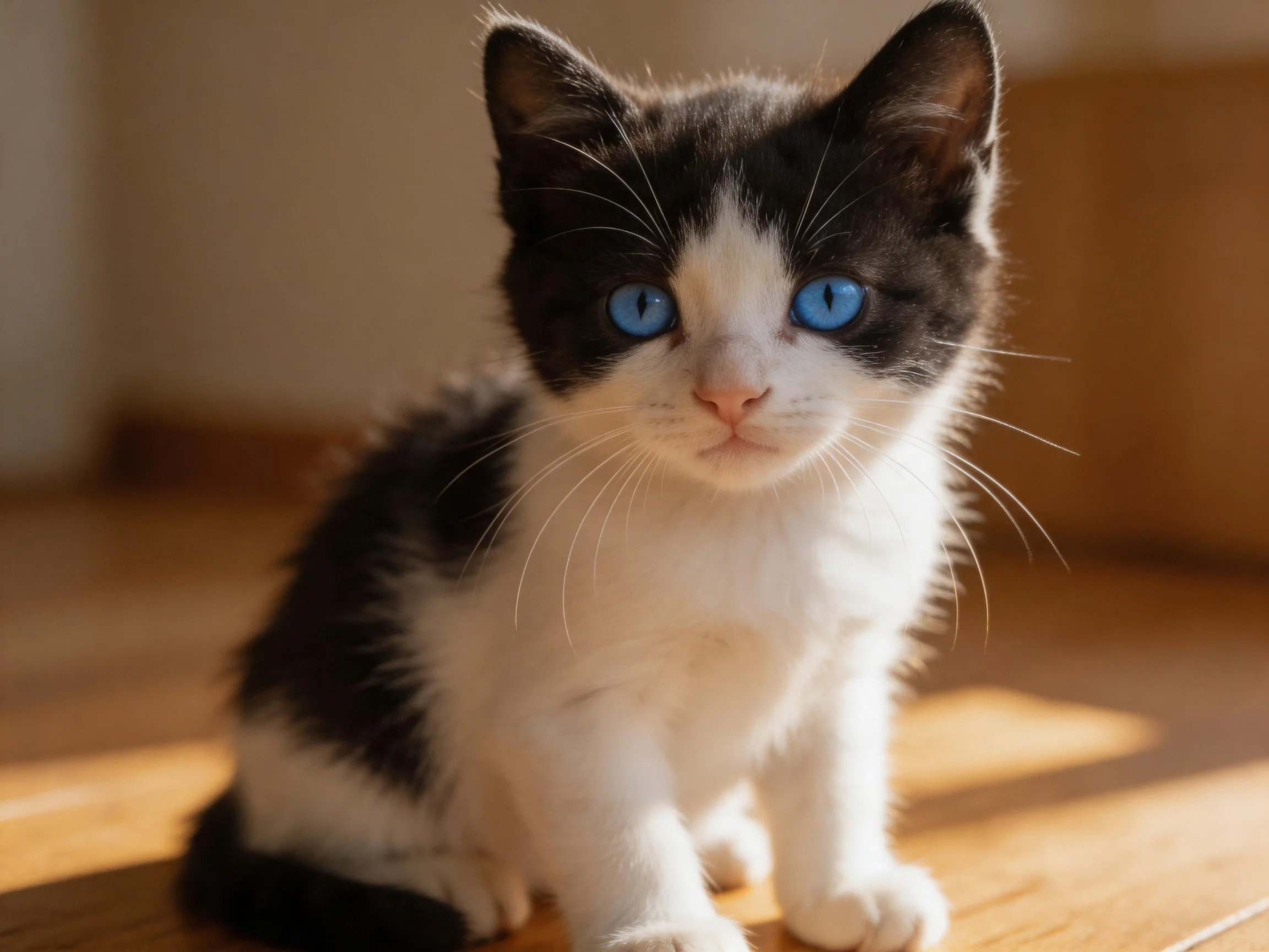 A black-and-white kitten with striking blue eyes sits on a sunlit wooden surface.
