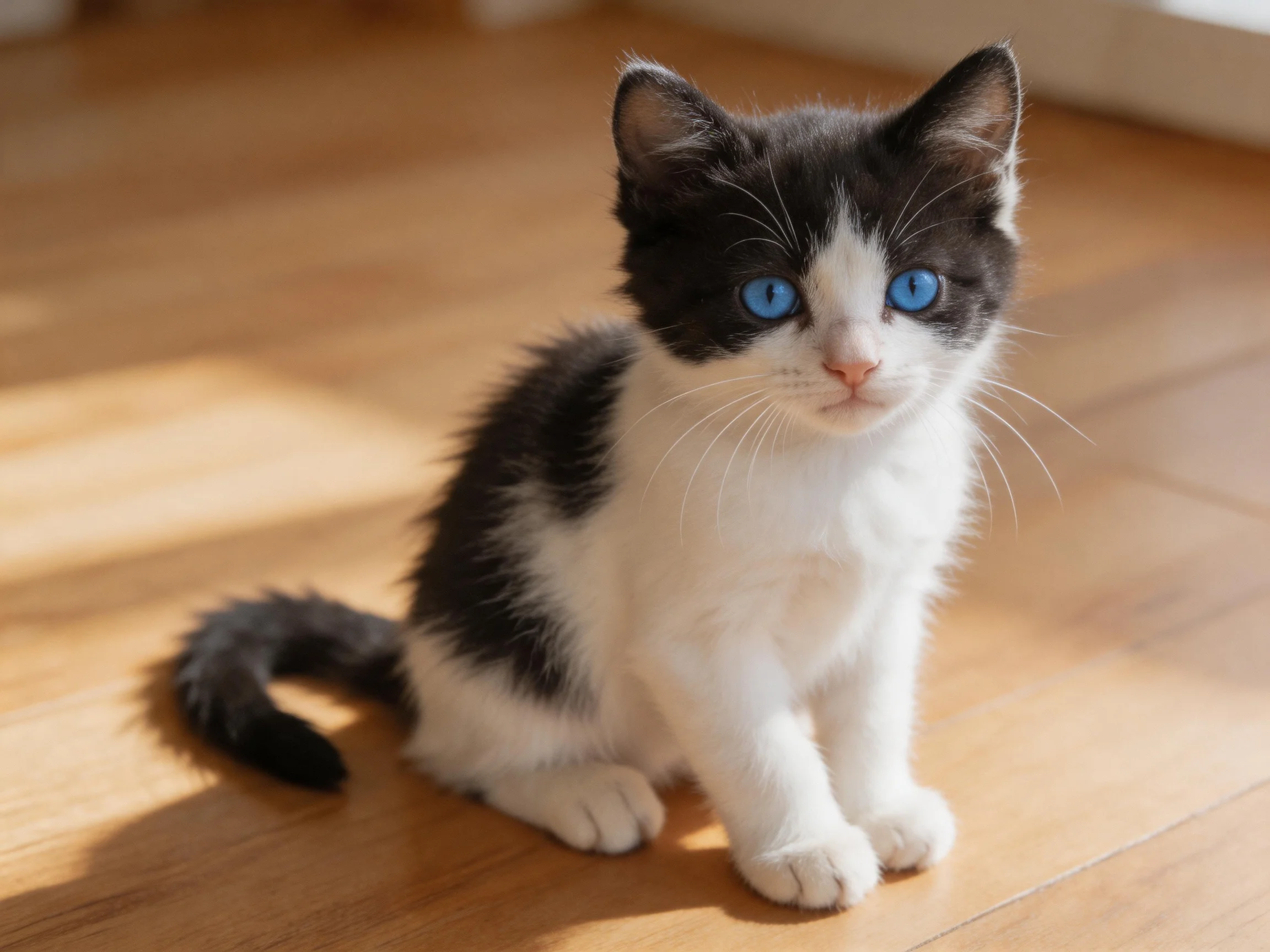 A black-and-whitekitten with blue eyes sits on wooden flooring.