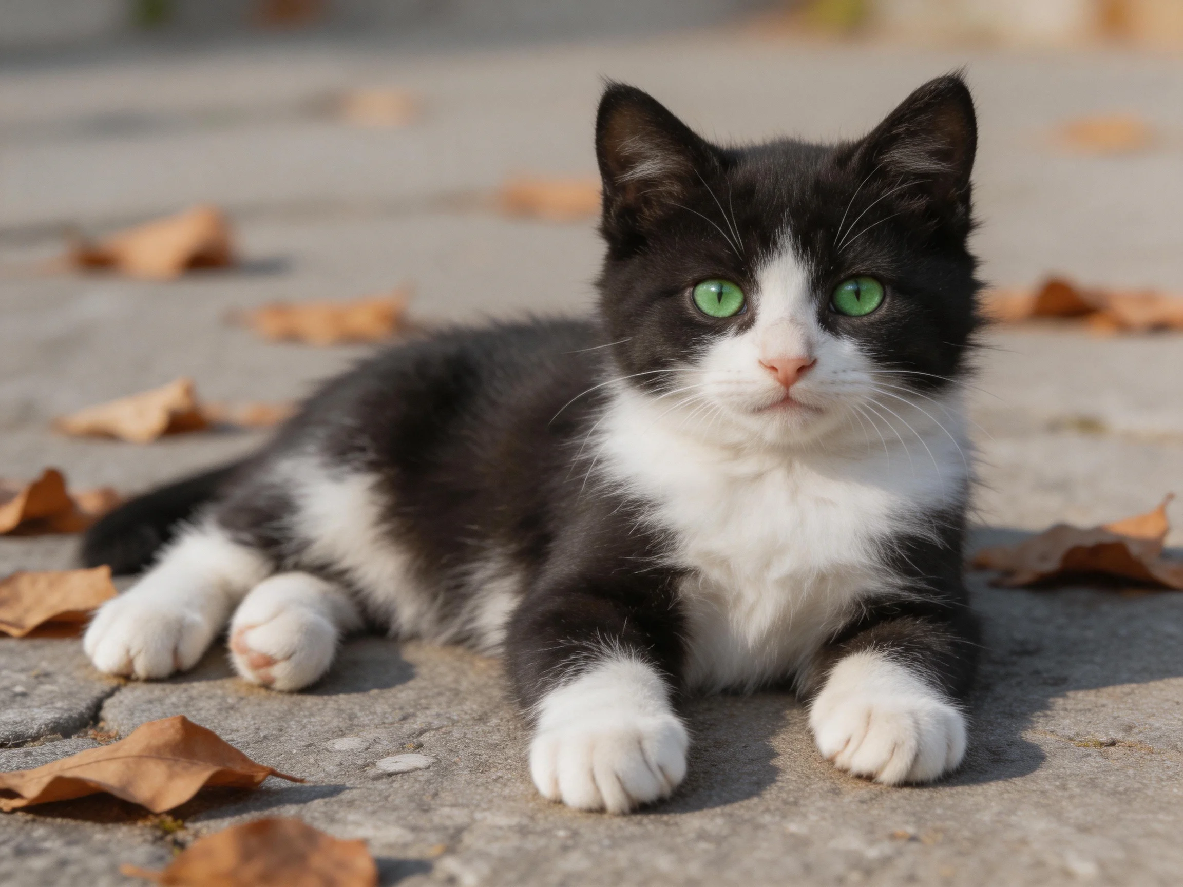 A black-and-white kitten lies calmly on pavement surrounded by fallen leaves