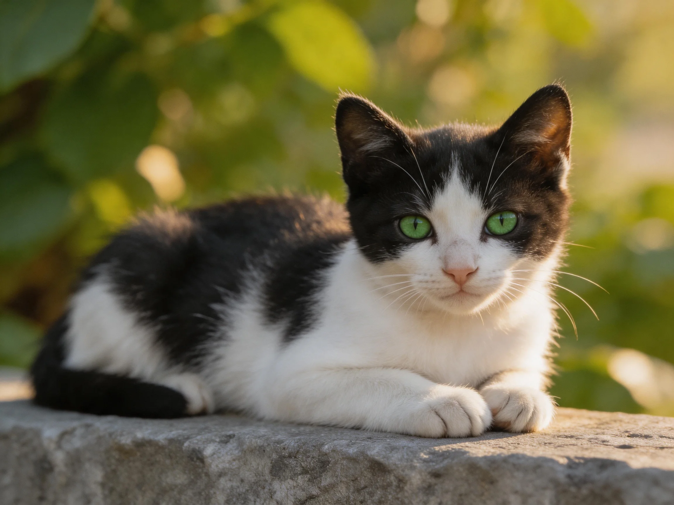 A black and white kitten with green eyes rests on an outdoor stone ledge.